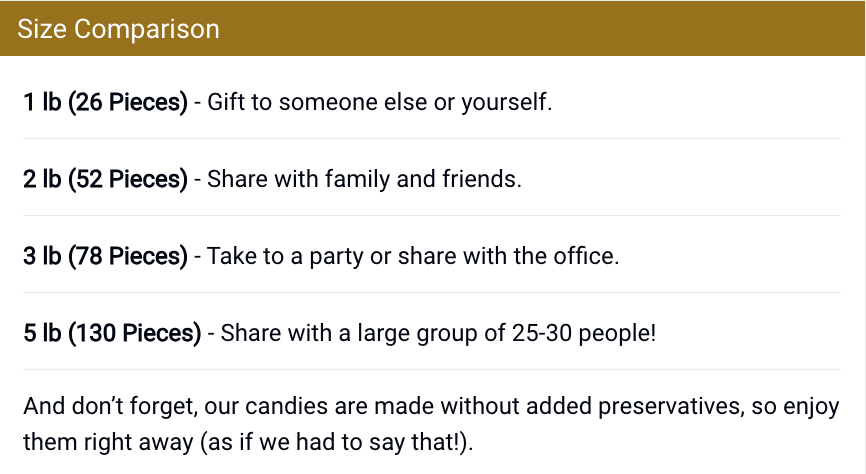 Una mesa que muestra qué tamaño de Candy Box debe obtener en función del tamaño de la fiesta.