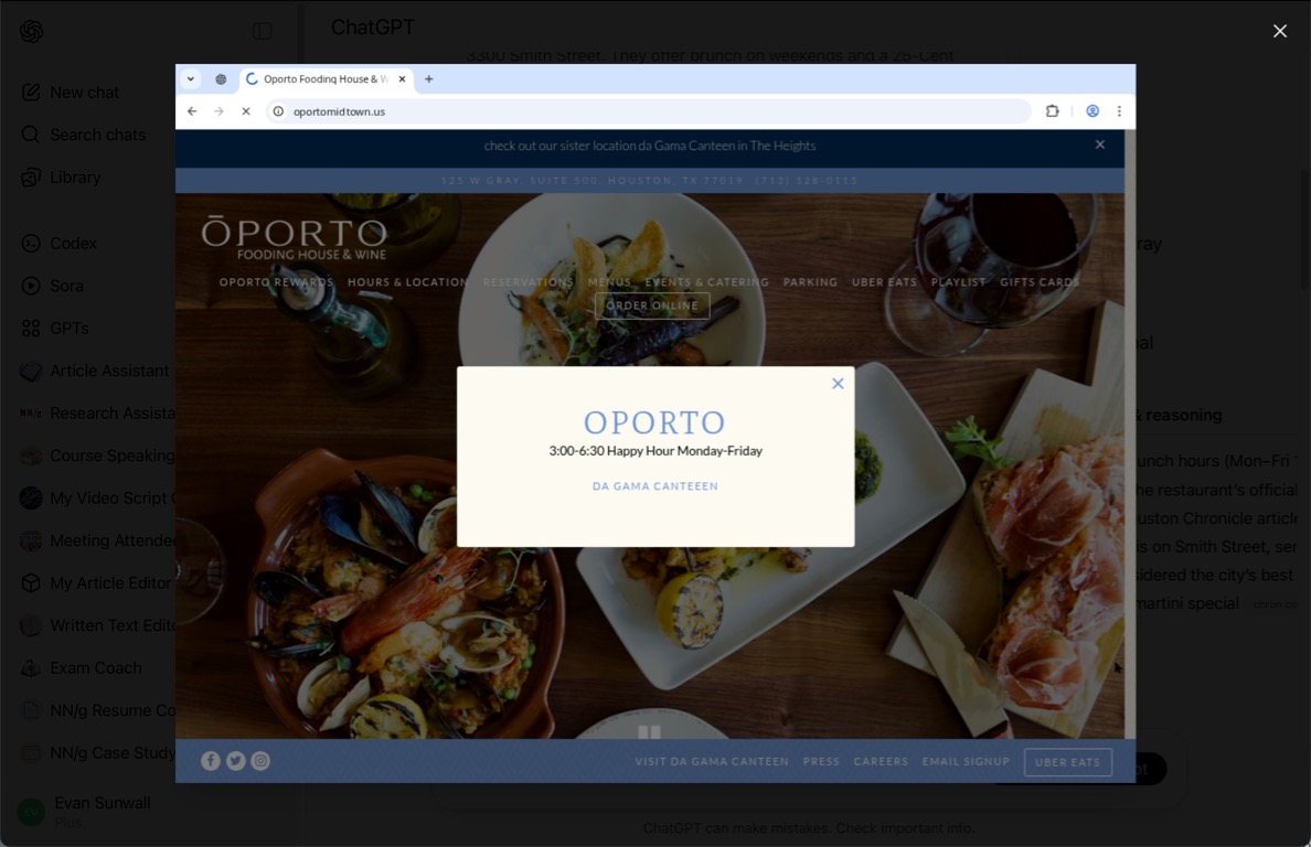 A pop-up message appears over the homepage of the ŌPORTO Fooding House & Wine website. The pop-up announces happy hour hours—“3:00–6:30 Happy Hour Monday–Friday”—and includes a link labeled “DA GAMA CANTEEN,” referencing the restaurant’s sister location. In the background, the site’s homepage features overhead photos of food and drinks, such as seafood dishes, charcuterie, and a glass of red wine. The navigation menu behind the pop-up includes links for menus, reservations, events, and online ordering.