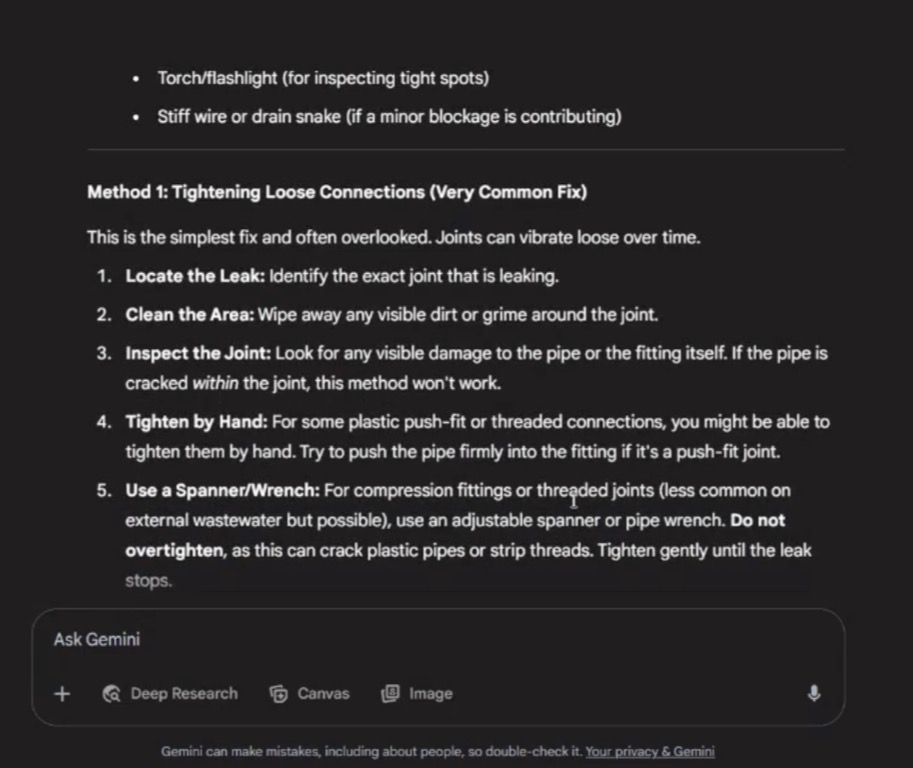 A screenshot of a Gemini AI response showing plumbing instructions under the heading “Method 1: Tightening Loose Connections (Very Common Fix).” The section includes a five-step list: locating the leak, cleaning the area, inspecting the joint, tightening by hand, and using a spanner or wrench. Additional tips mention using a torch or flashlight and a stiff wire or drain snake. 