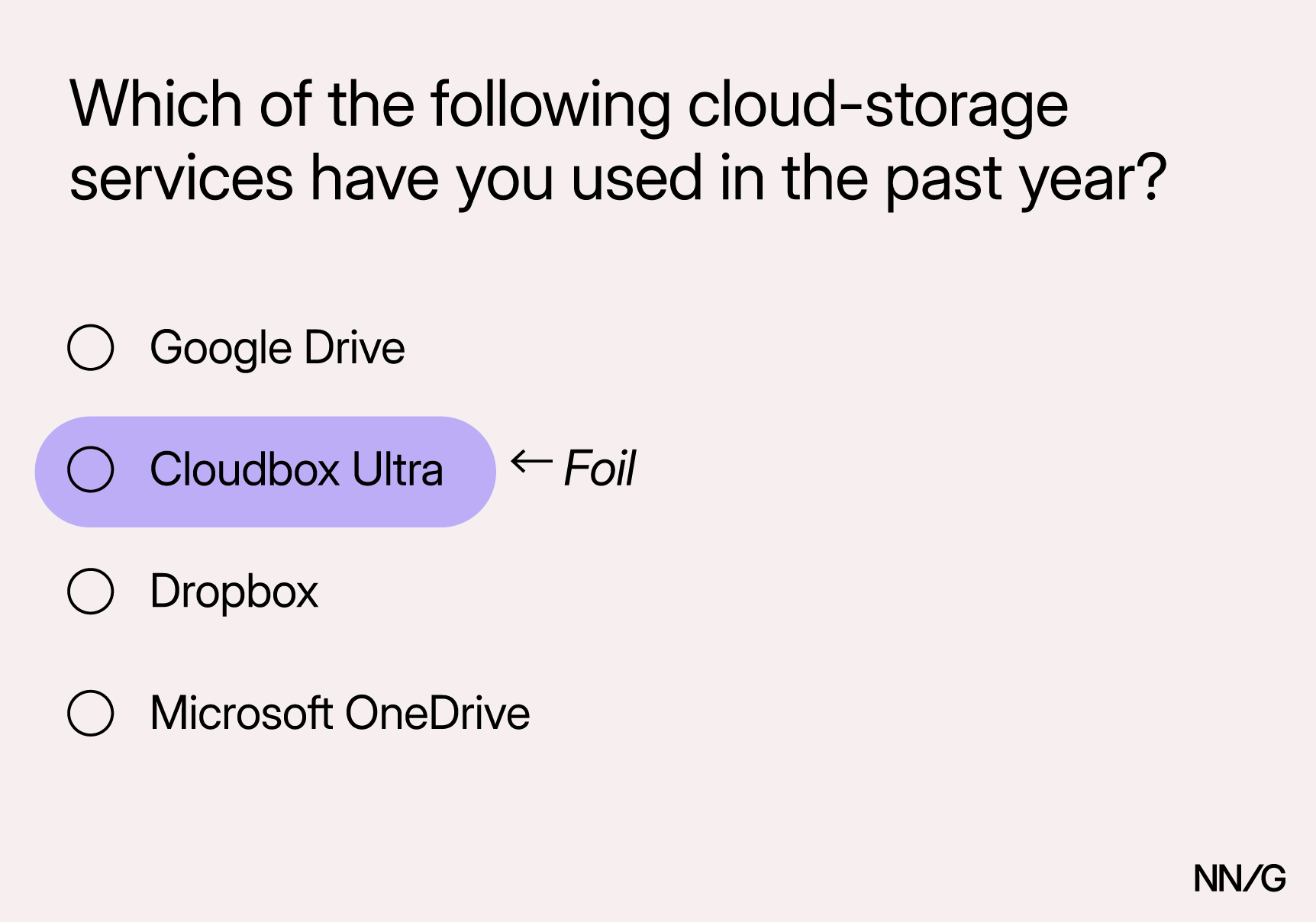 Multiple choice question that says: Which of the following cloud-storage services have you used in the past year? With the options: Google Drive, Cloudbox Ultra, Dropbox, and Microsoft OneDrive. Cloudbox is marked as a foil.