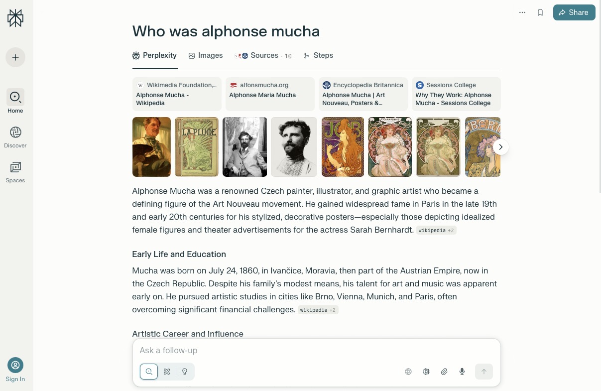 Perplexity search interface displaying multimedia assets and linked sources in a layout similar to Google AI Mode's design approach.