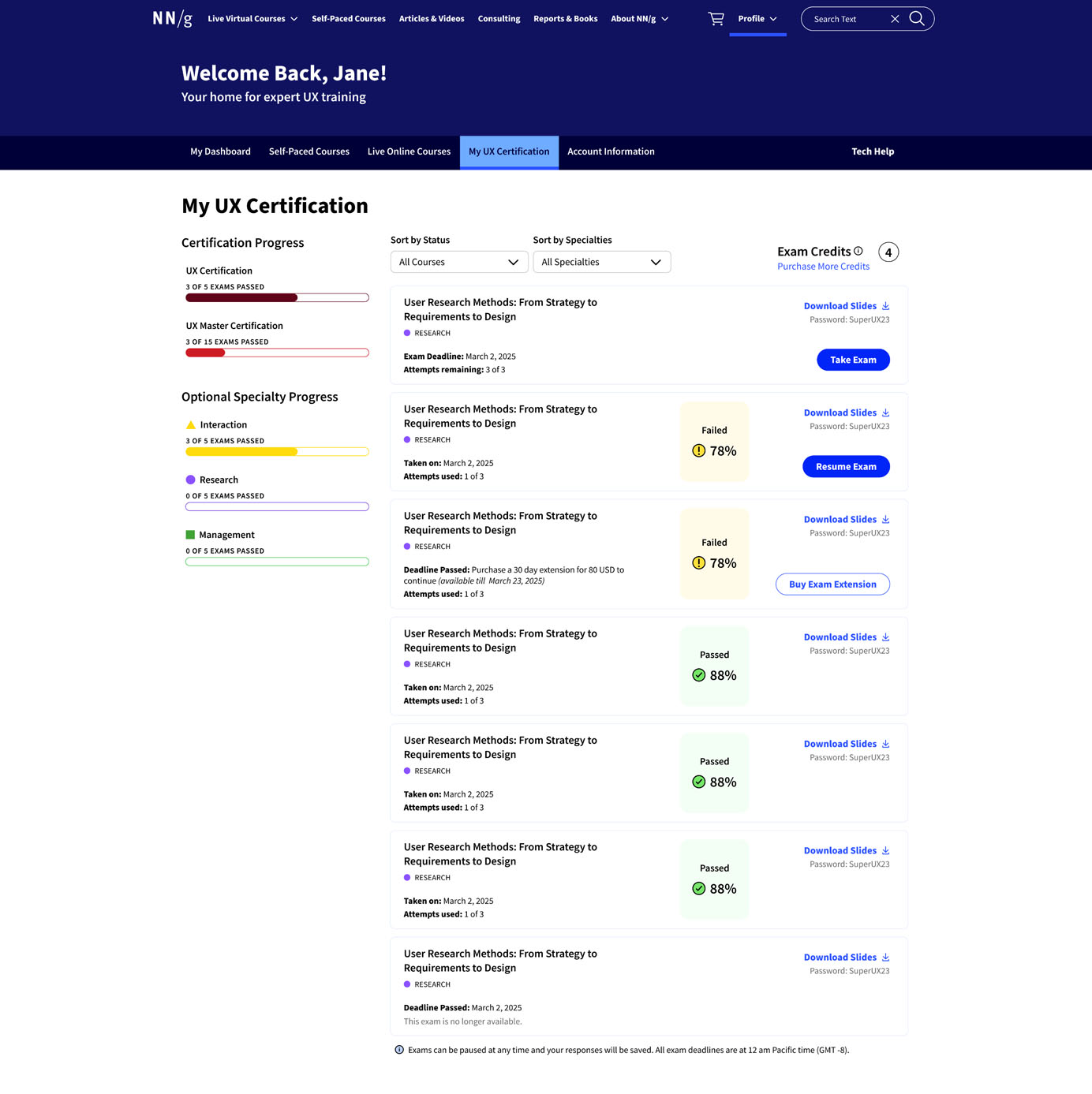 A design mockup for a course training hub. The blue header says "Welcome Back, Jane!" Below are two columns one with course progress bars, and the other with the courses. 