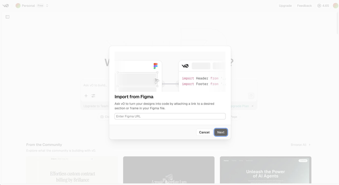 Pop up showing that V0 can transfer designs to Figma.