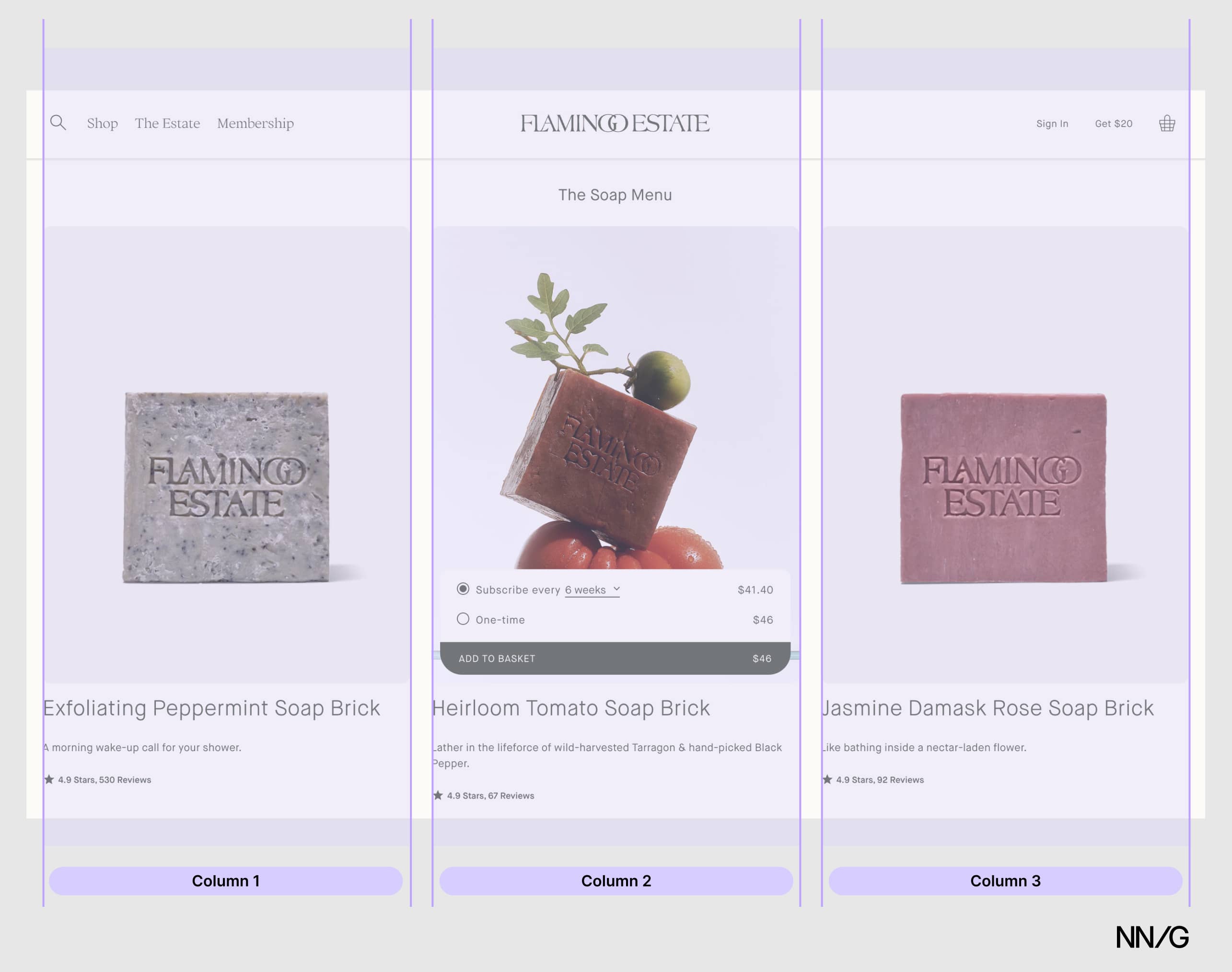 Página de producto de Flamingo Estate, dividida en 3 páginas con una superposición de 3 columnas de color violeta. 