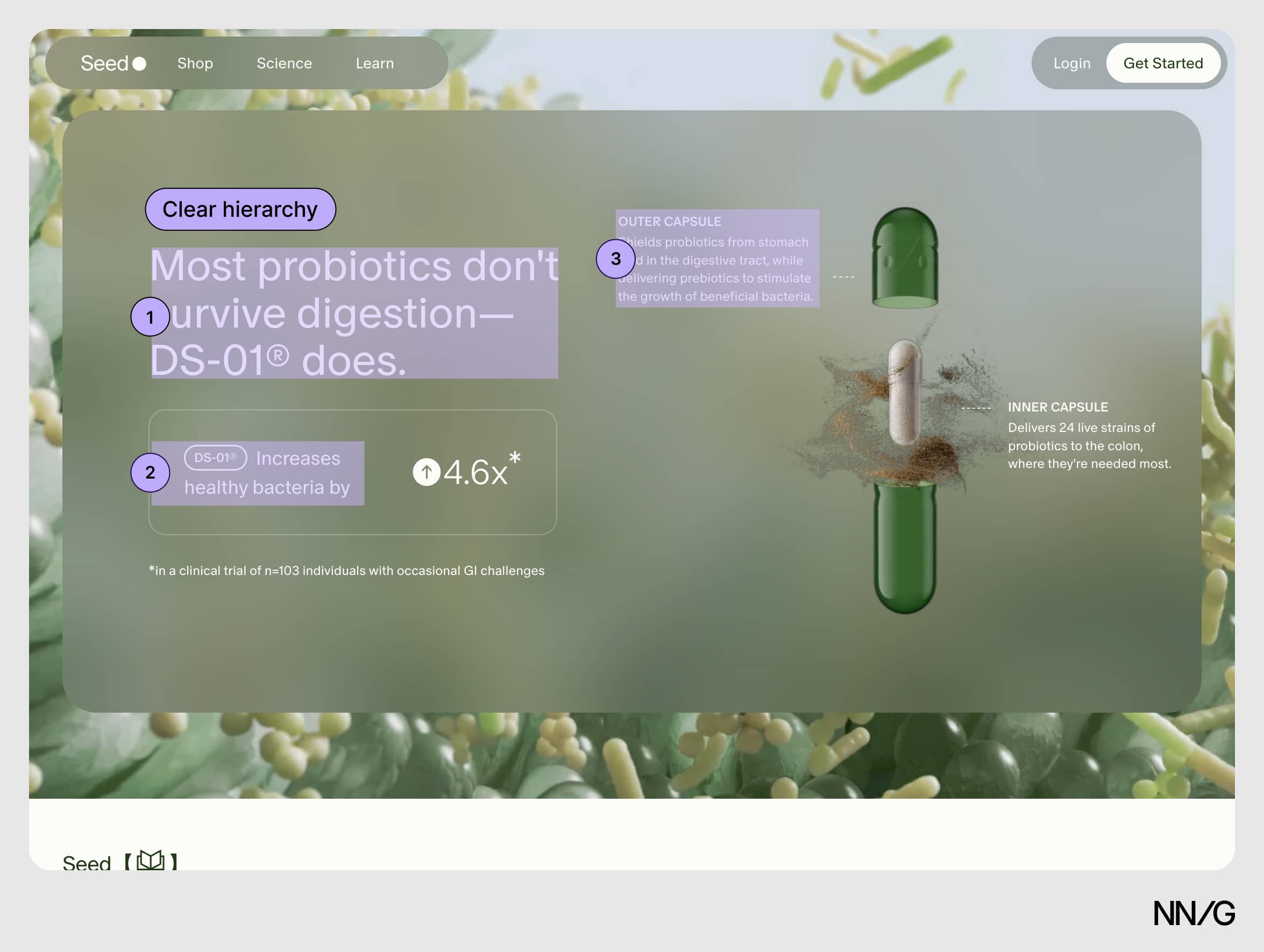 La página del producto presenta tres tamaños de texto diferentes, resaltados con superposiciones que indican que domina el texto más grande y domina el texto más pequeño.  
