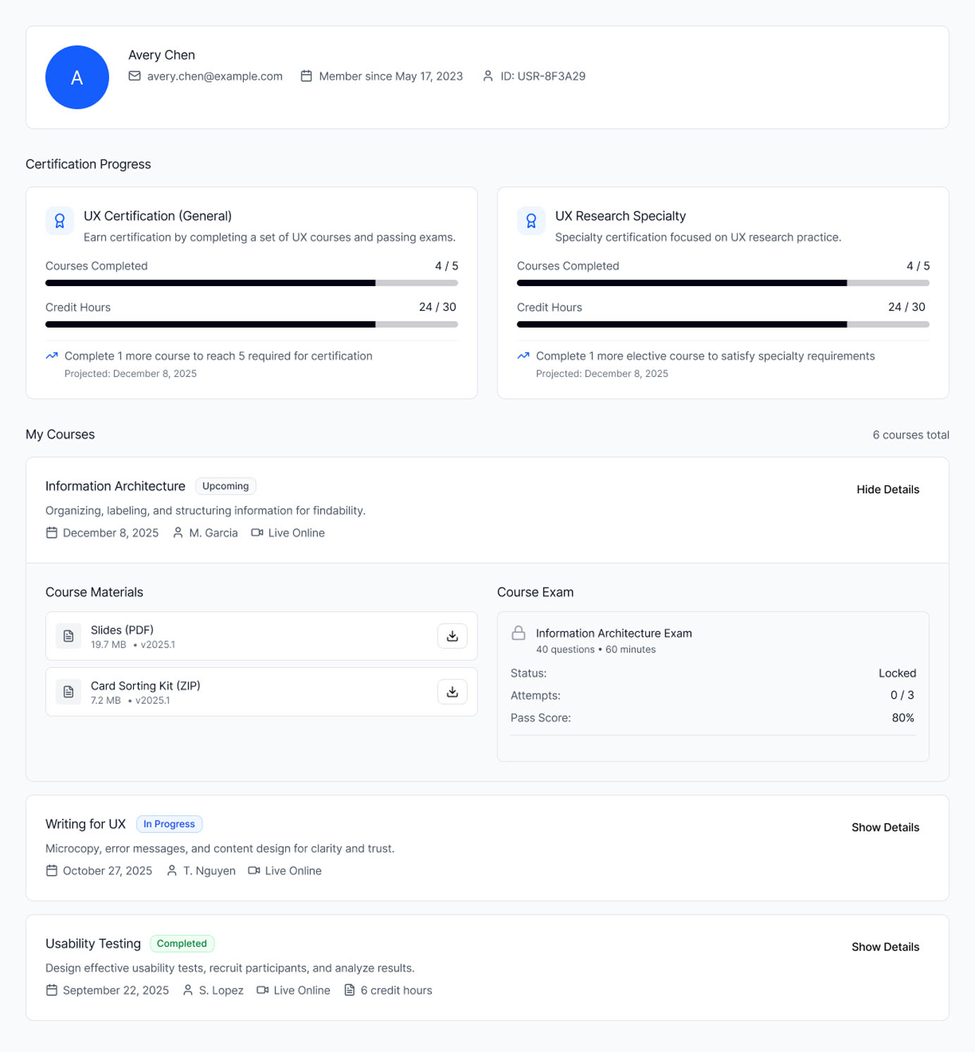 Profile-dashboard design showing grouped certification progress and course details populated from JSON mock data to create a clearer layout.