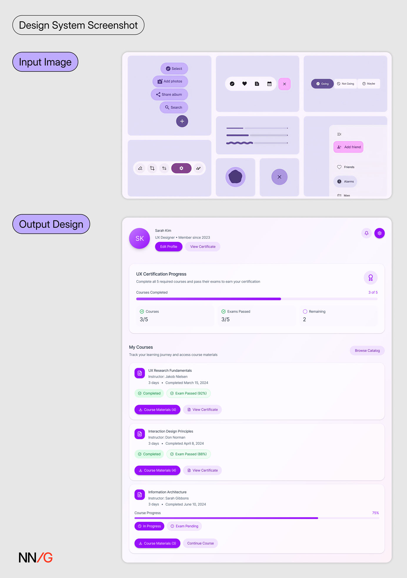Reference screenshot of a purple Material Design–style component set shown above an AI-generated dashboard that mimics the visual style but uses more saturated colors.