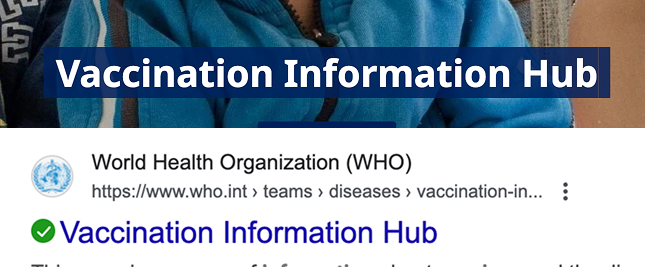 El título de la página dice "Centro de información de vacunación" Los resultados del motor de búsqueda anteriores también dicen "Centro de Información de Vacunación."