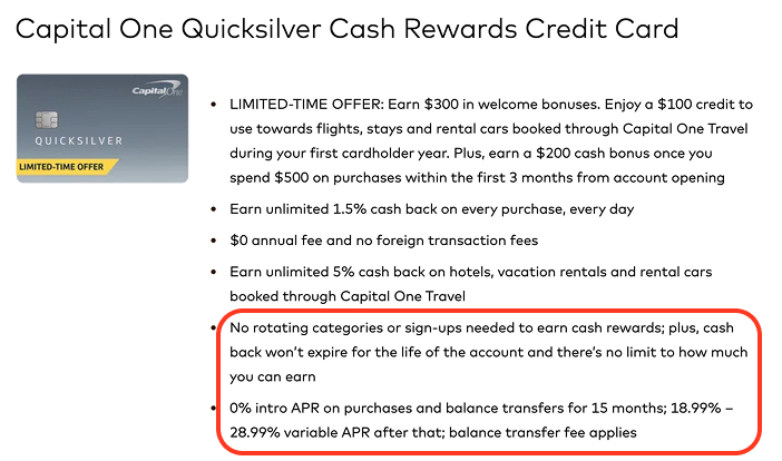 Tarjeta de crédito Capital One Quicksilver Cash Rewards, con descripción del producto y copia: 