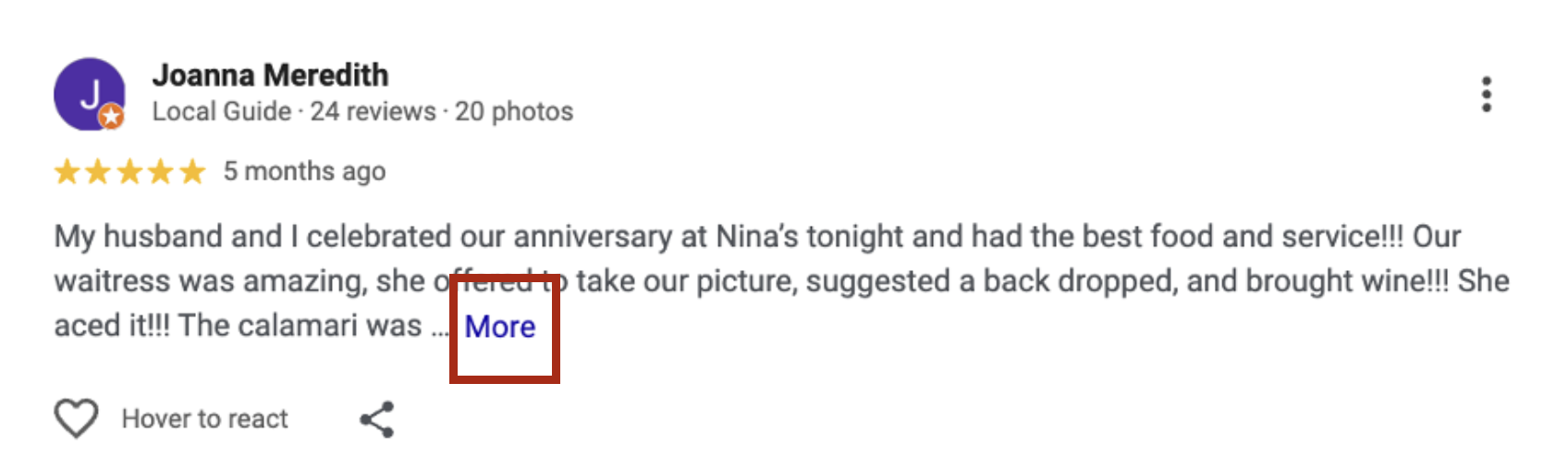 A review has a blue "more" link at the bottom. 