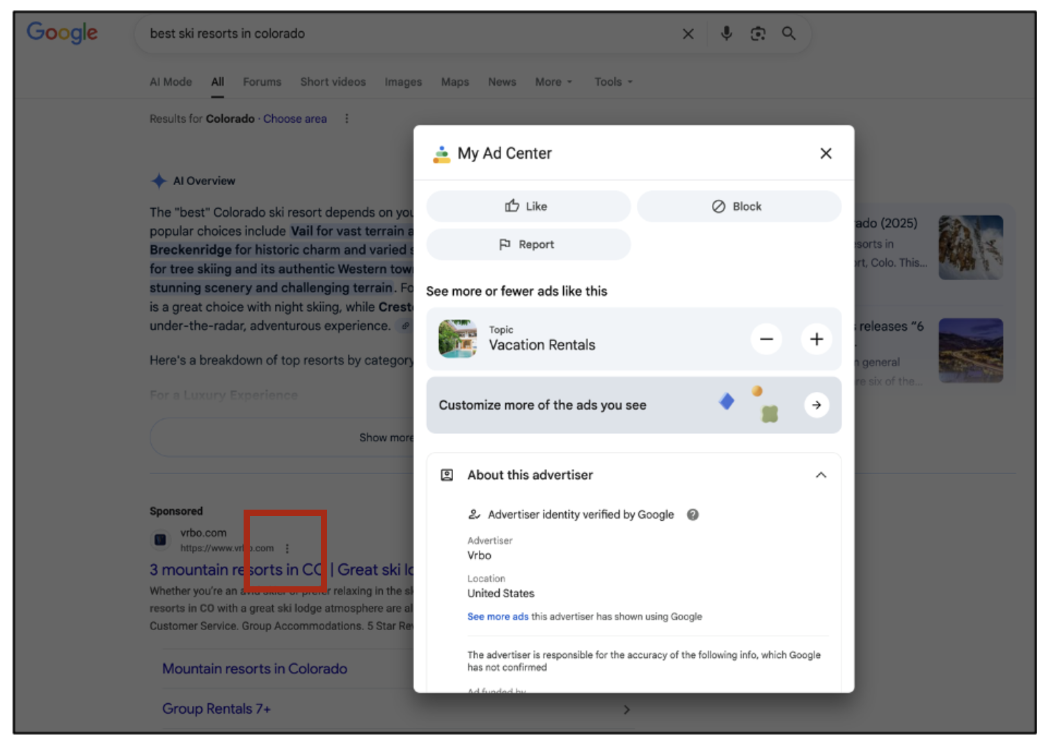 Kebab menu (3 vertical dots) on a Google result revealing a popup for My Ad Center with many options including like, block, and report. 