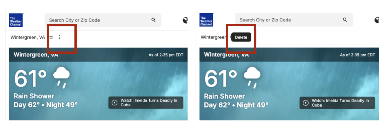 Clicking Weather.com's kebab (3 vertical dots) menu reveals the single option of "delete".