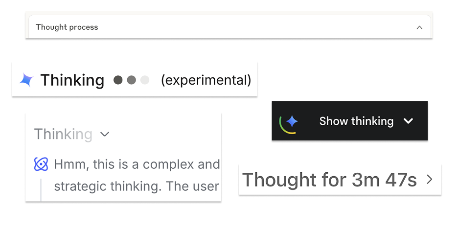 : a series of screenshots showing how different AI chatbots use the term “thinking” to describe test-time compute generation to improve performance.