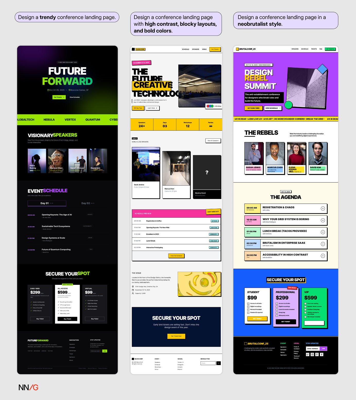 Three AI-generated conference landing pages shown side by side: a trendy, gradient-driven design; a bold, high-contrast blocky layout; and a neon, boxy neobrutalist version.