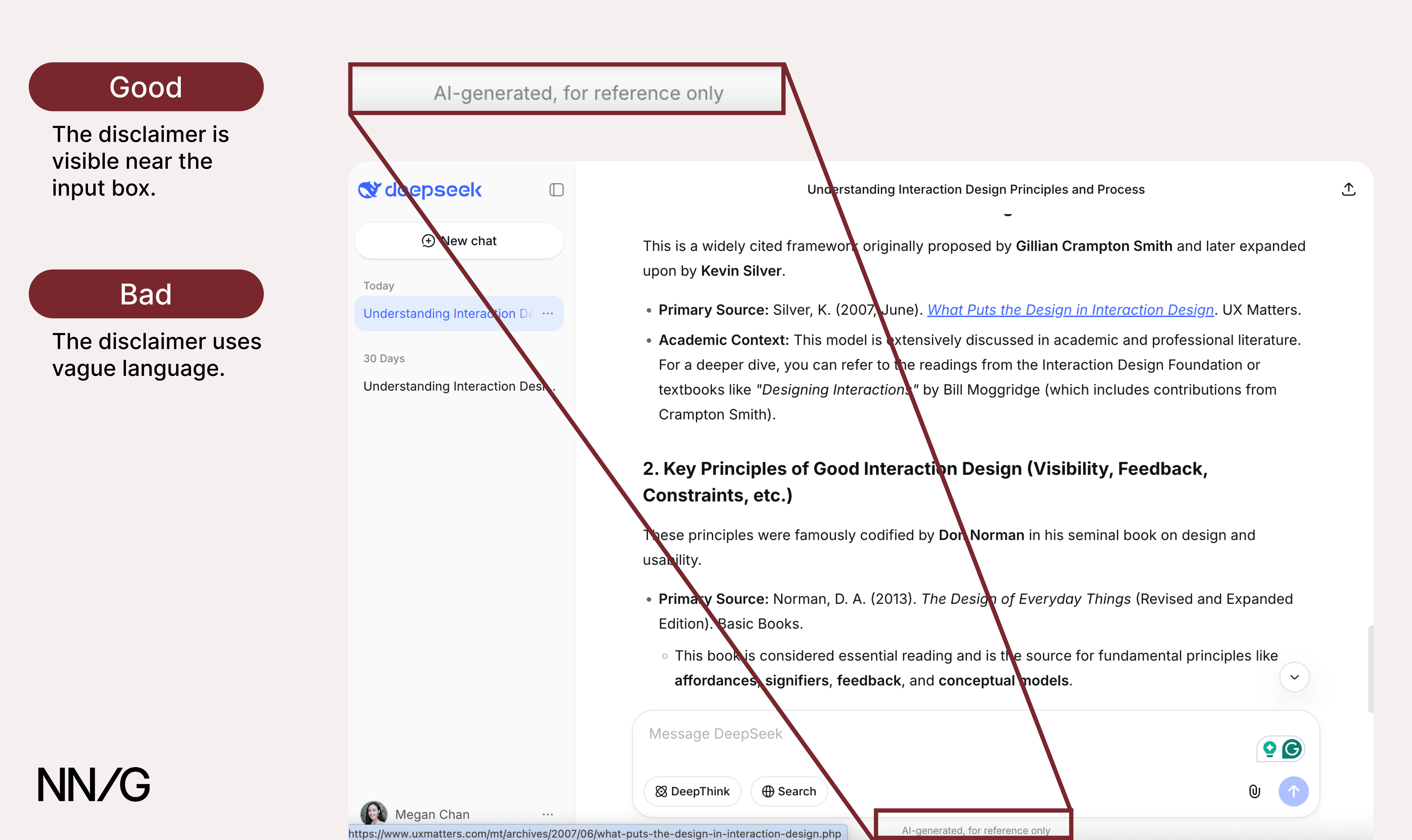 A zoom into DeepSeek’s disclaimer: “AI-generated, for reference only.” It is annotated to say “Good: The disclaimer is visible near the input box.” and “Bad: The disclaimer uses vague language.”