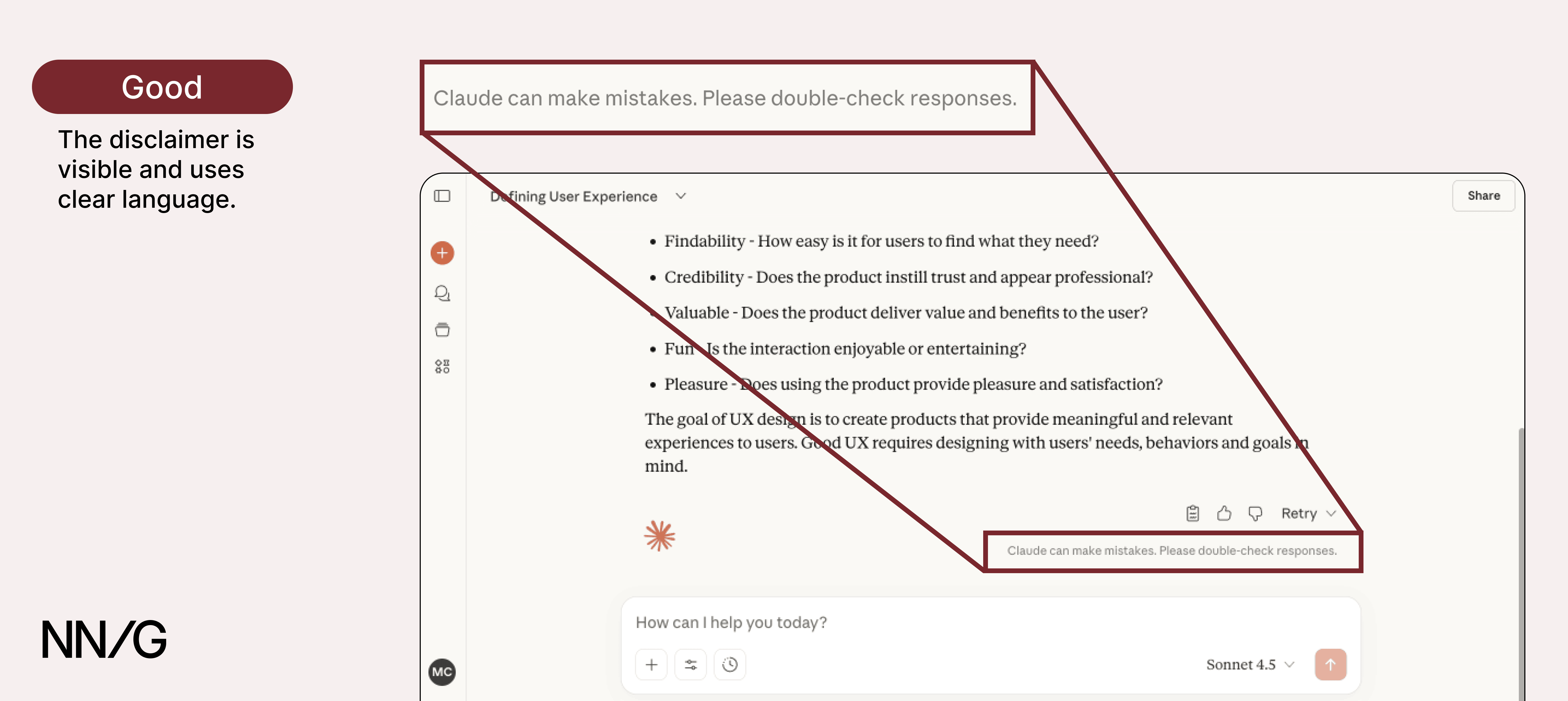 A zoom into Claude’s disclaimer: “Claude can make mistakes. Please double-check responses.” It is annotated to say “Good: The disclaimer is visible and uses clear language.”