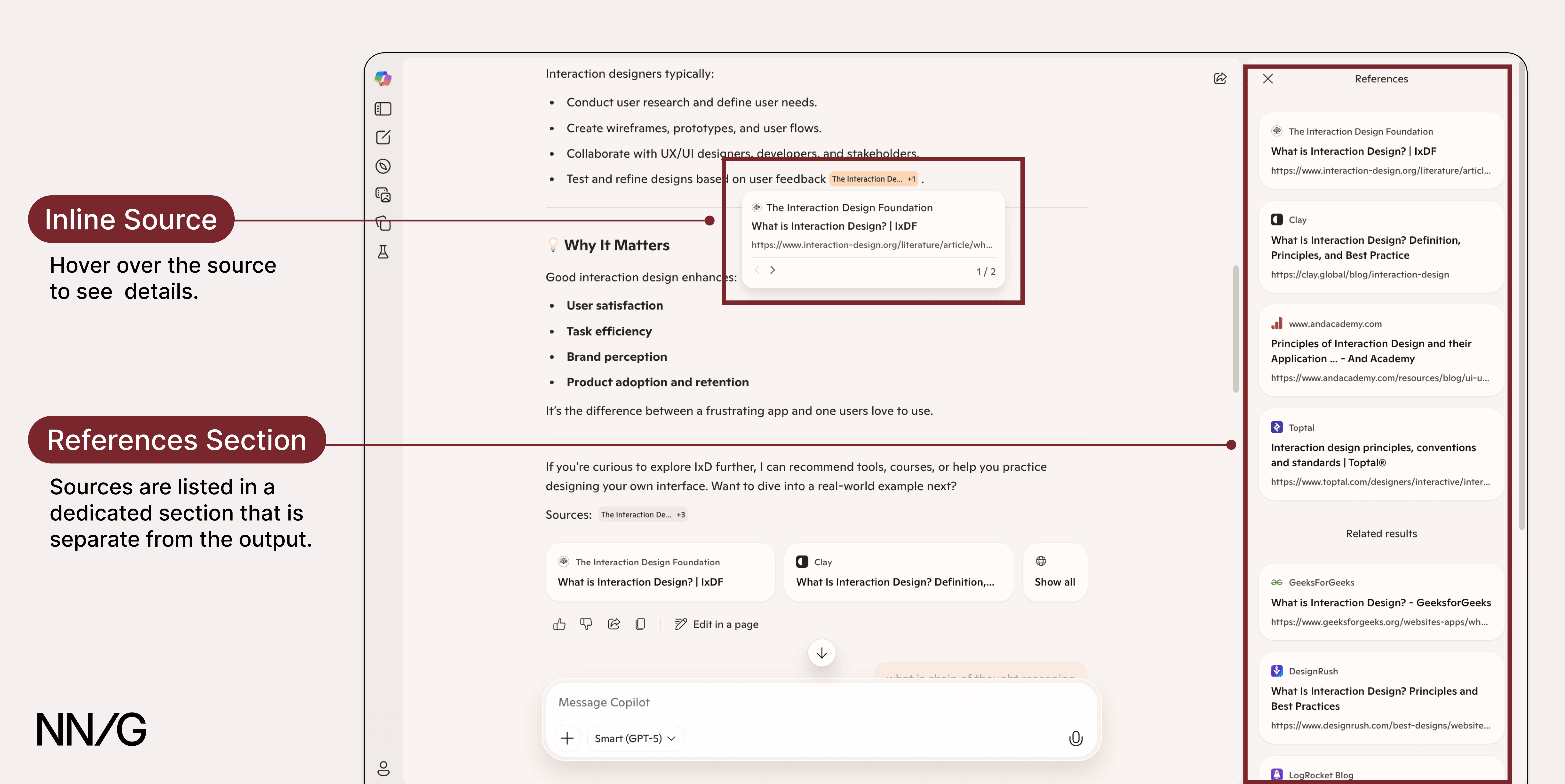Copilot output with a inline source chip at the end of a bullet point. To the right is a bar with more detailed source information.
