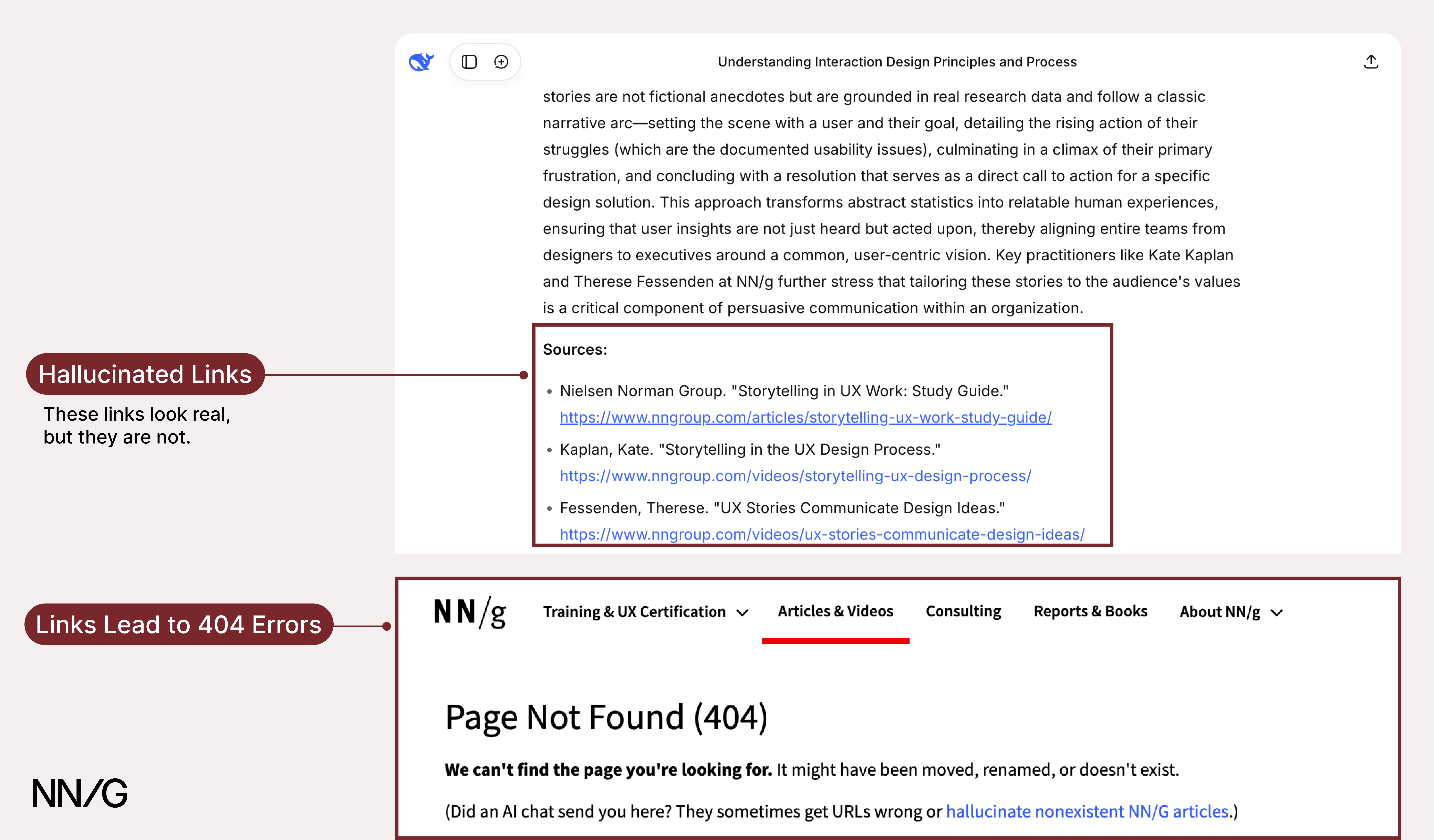 Annotated screenshots of DeekSeek. The top shows hallucinated links at the bottom of an output. The second screenshot shows the 404 error that occurs when following these links. 