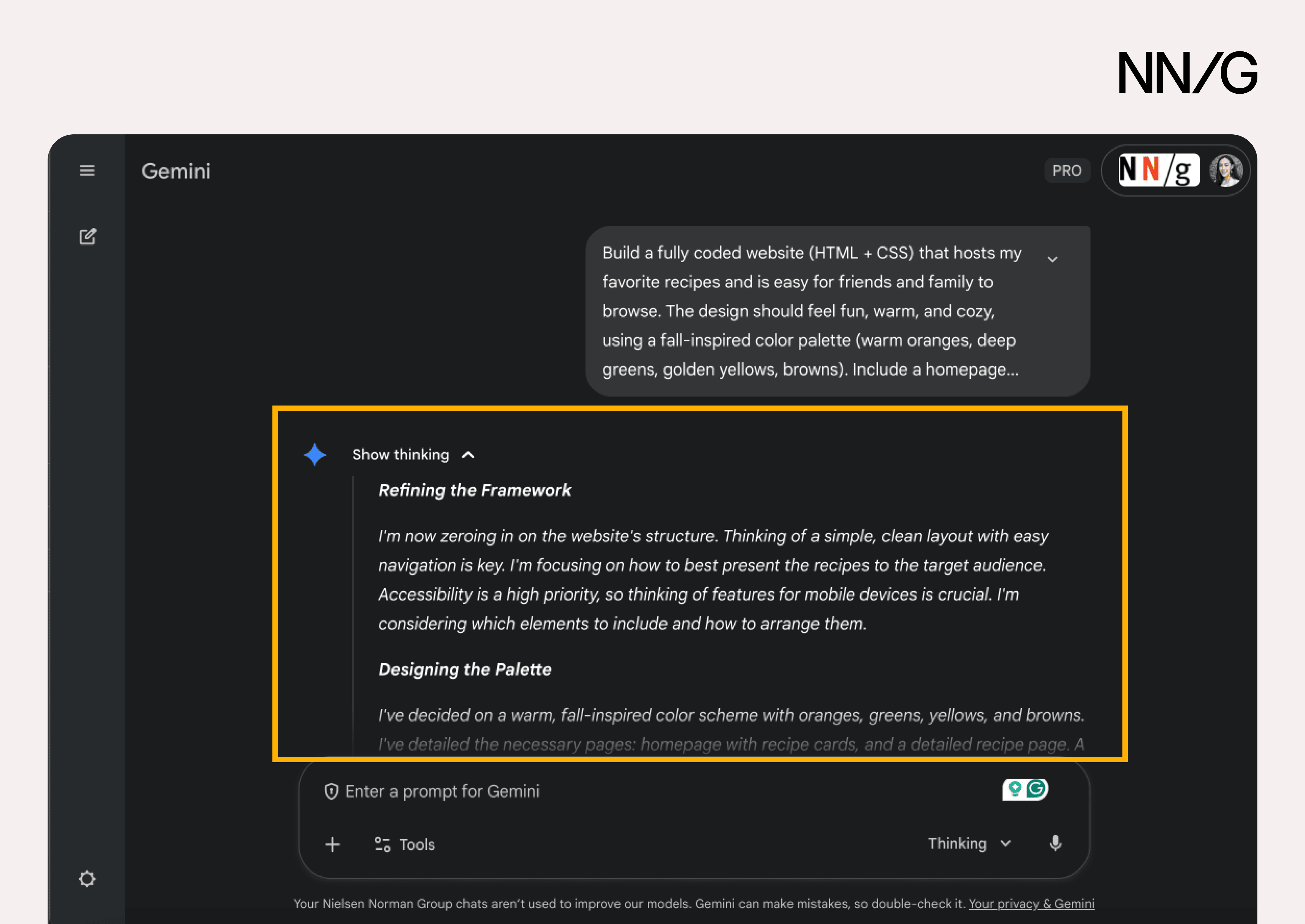Gemini 3 output with a “Show Thinking” accordion with text that says “I’m now zeroing in on the website’s structure.”