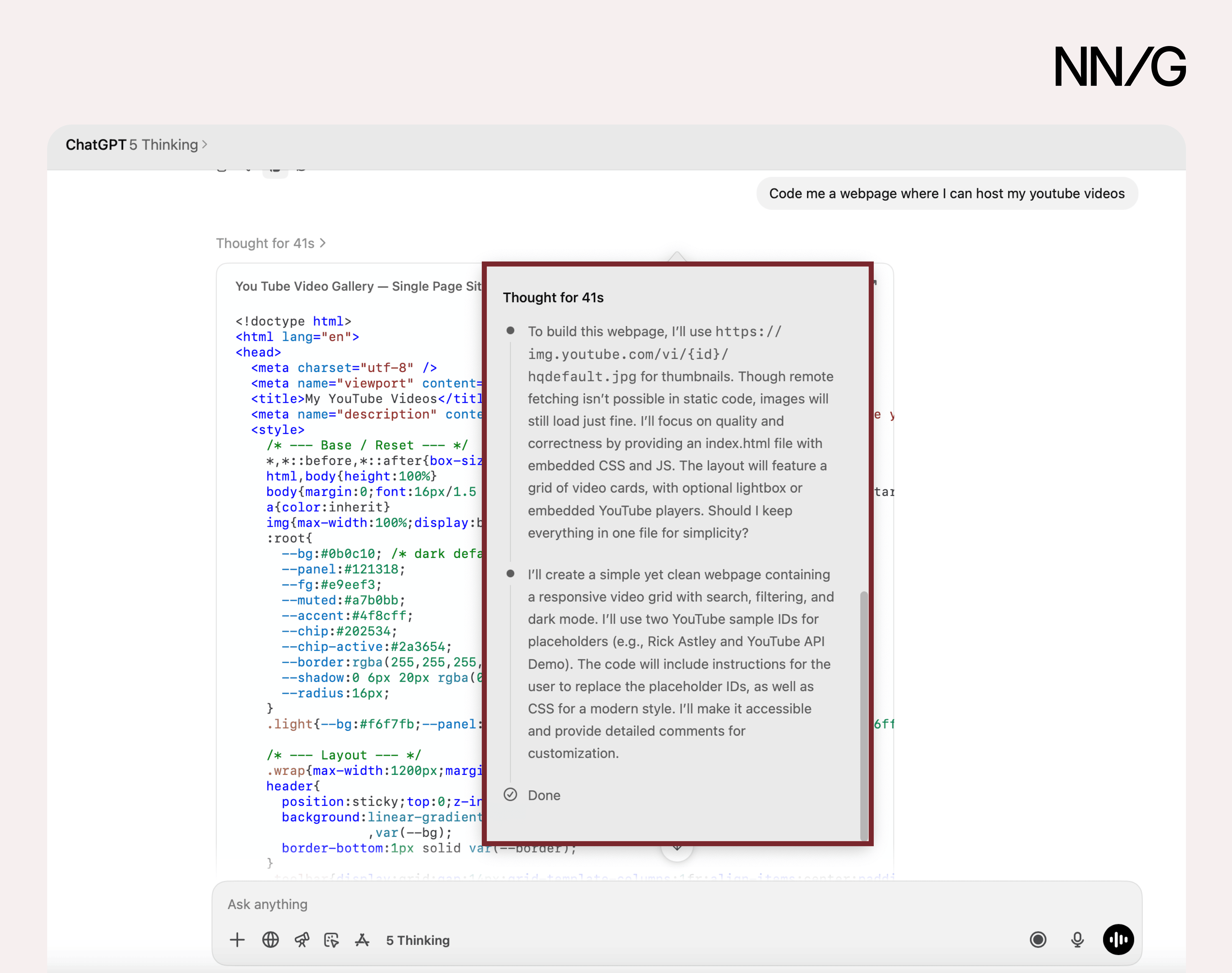 ChatGPT output with a popup labeled “Thought for 41s.” It is highlighted to show text like “I’ll create a simple yet clean webpage containing a responsive video grid.” 