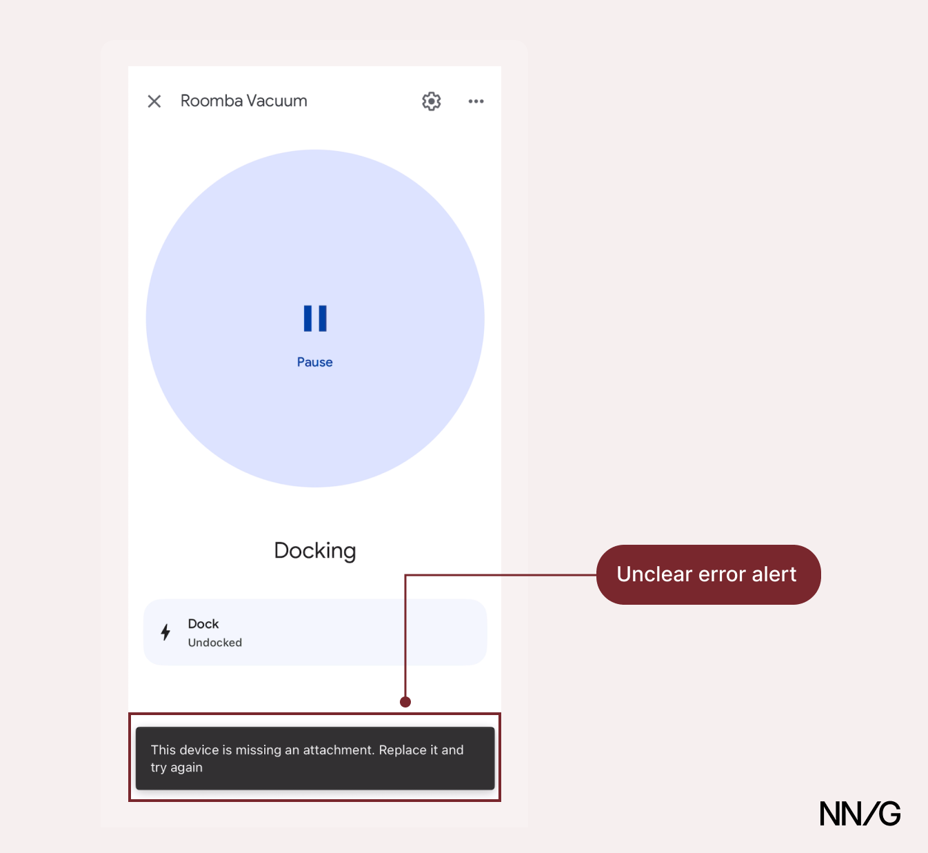 Screenshot of a robot vacuum app showing the device is docking. An error message at the bottom reads 'This device is missing an attachment. Replace it and try again.' The message is annotated as 'Unclear error alert.'