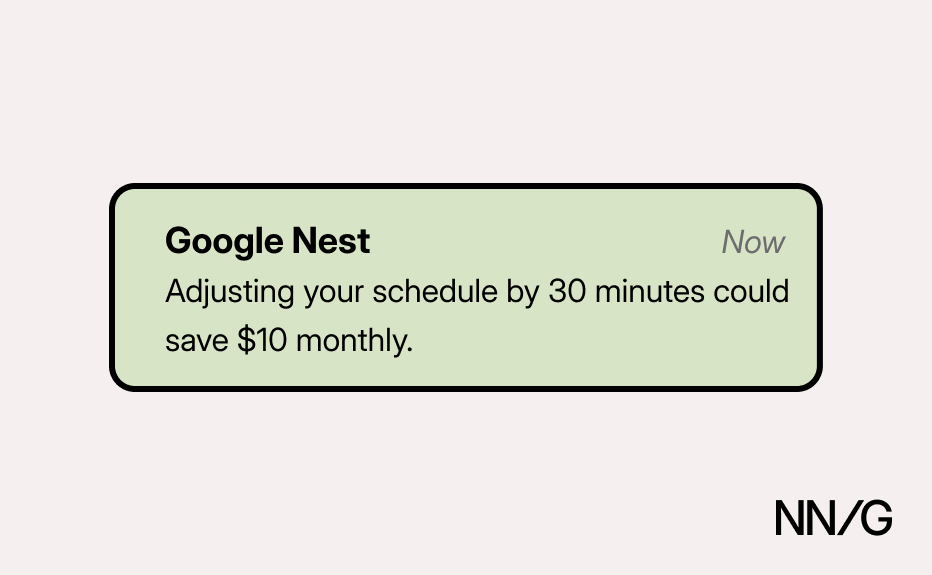 Mockup of a Google Nest notification reading 'Adjusting your schedule by 30 minutes could save $10 monthly.'