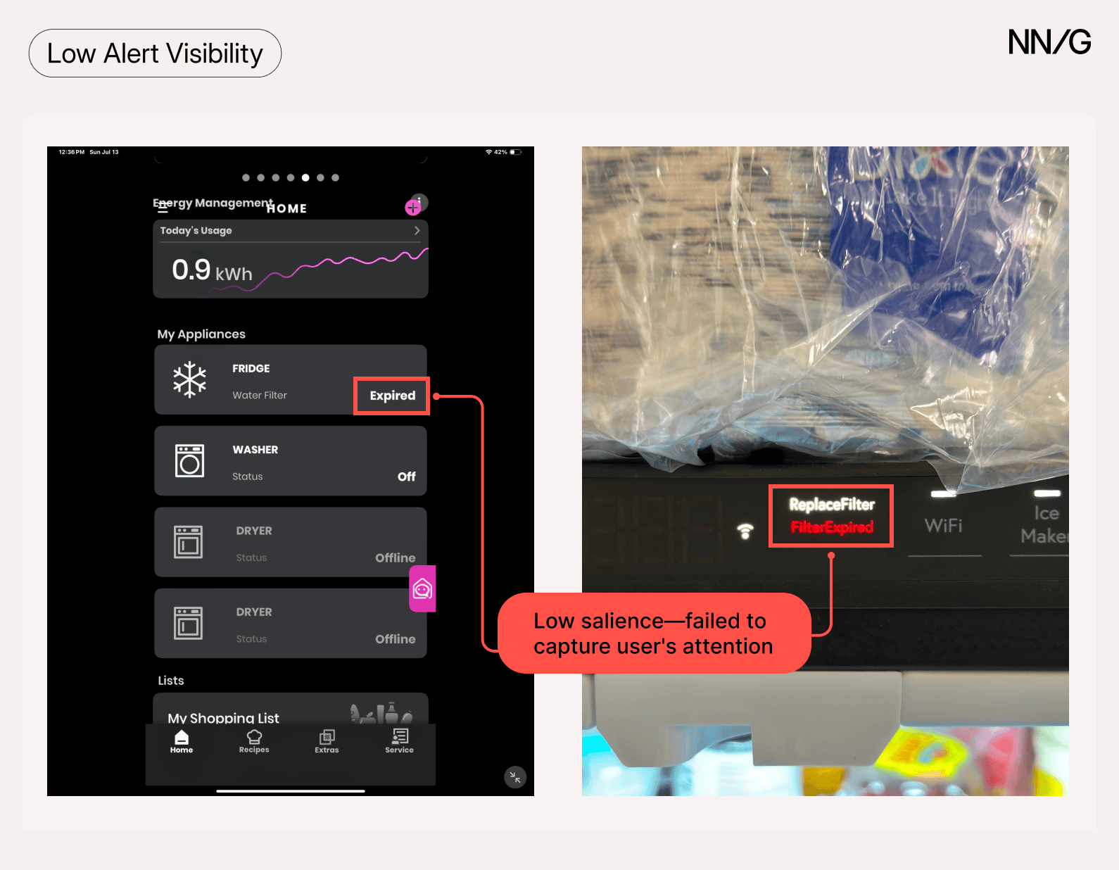 Side-by-side comparison of filter alerts. Left: A smart home app showing a list of appliances, with the fridge displaying a small 'Expired' label for its water filter. Right: A photo of the refrigerator's display panel showing 'ReplaceFilter' and 'FilterExpired' indicators.