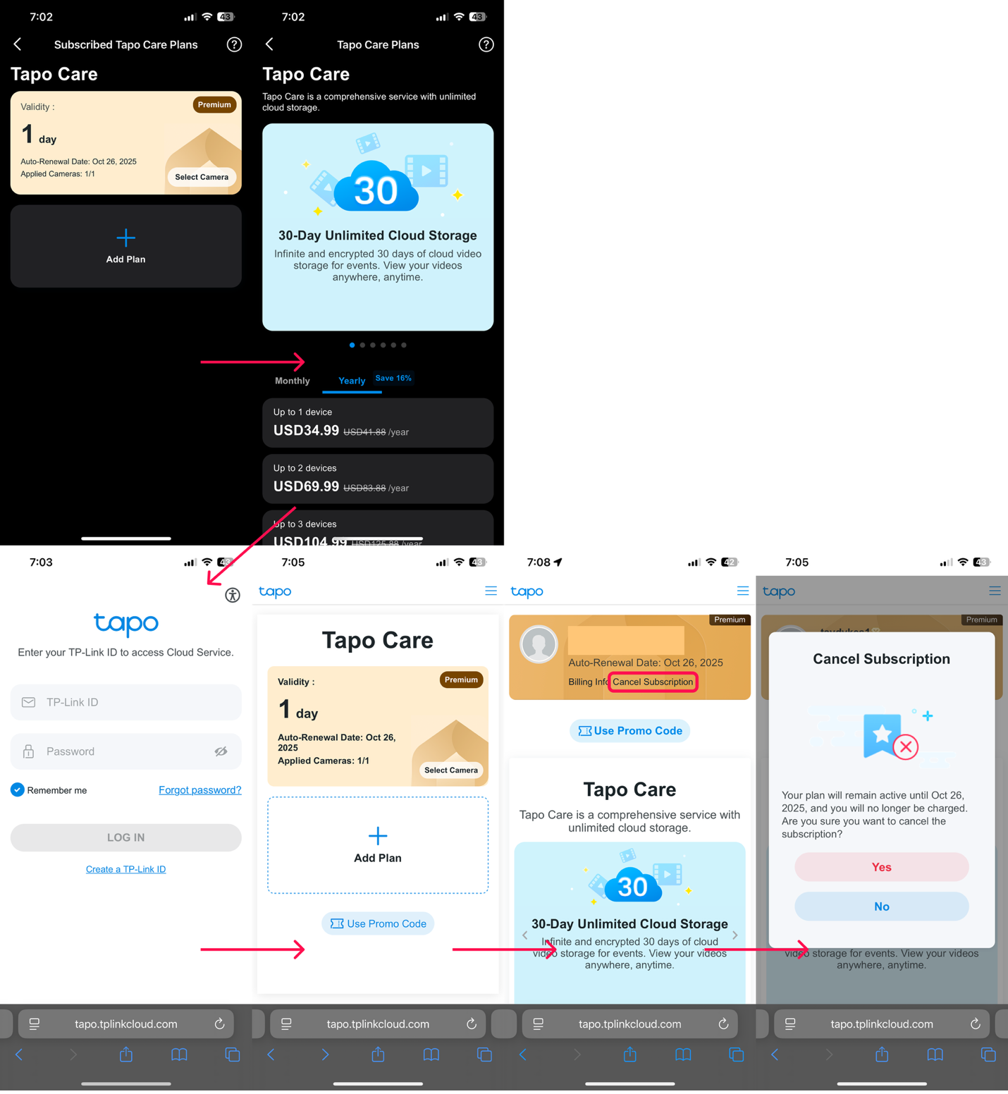 Multiple screens showing a user's journey. When selecting membership option in the app, there were only options to upgrade. Upon exiting and opening the same page in a browser, there is an opportunity to cancel a membership.