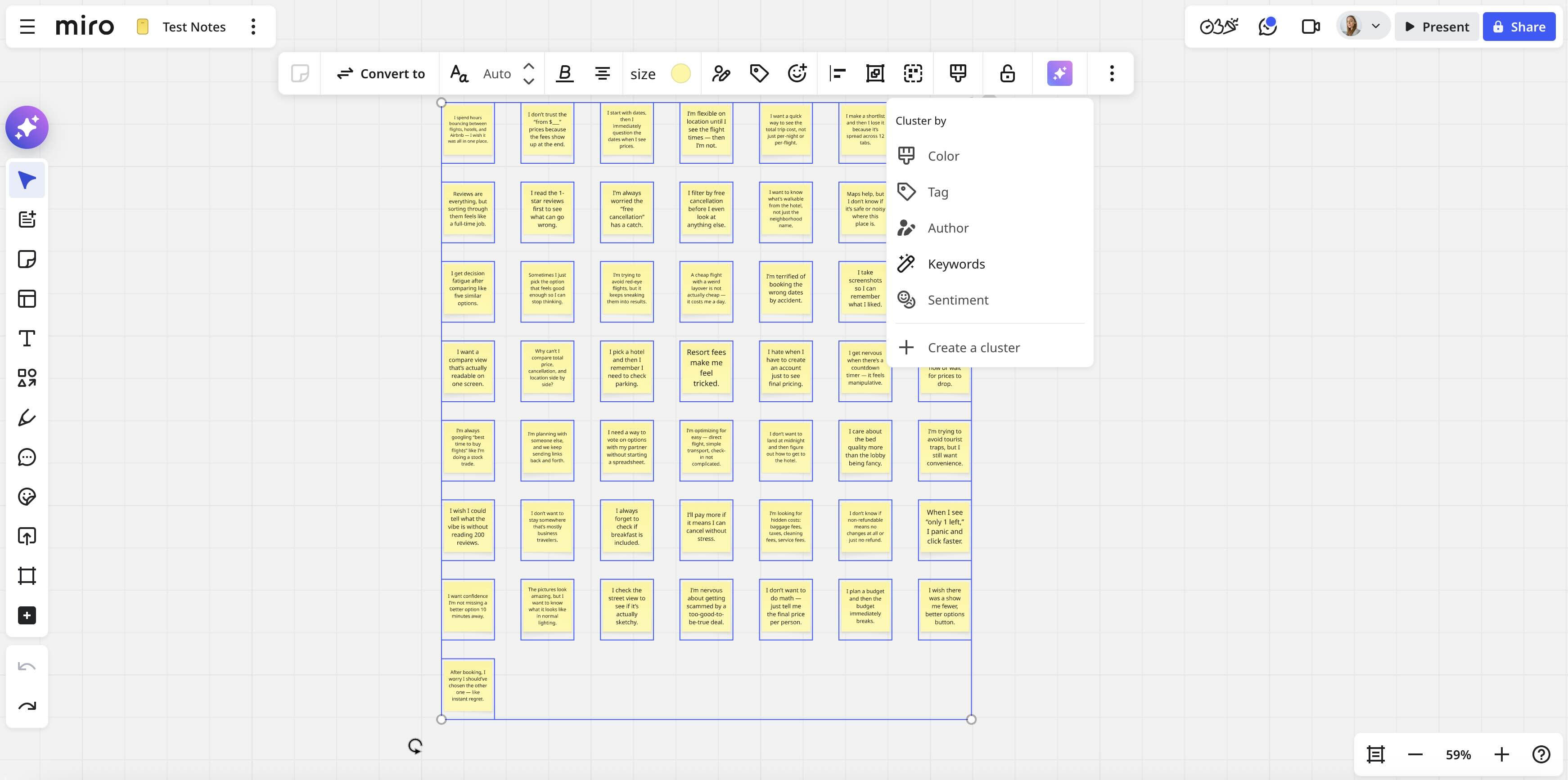 In Miro, you can select a group of stickies and cluster them by certain attributes, like keywords.
