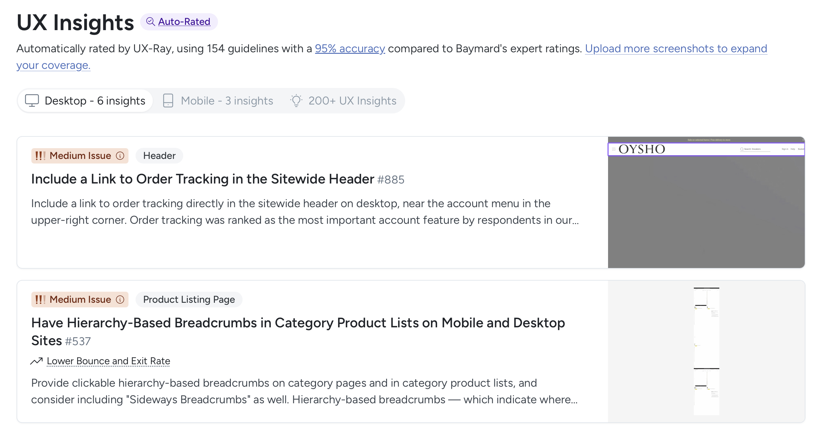 La interfaz UX-Ray de Baymard muestra los resultados de auditorías UX automatizadas con una precisión del 95%, mostrando problemas identificados en sitios web de comercio electrónico.