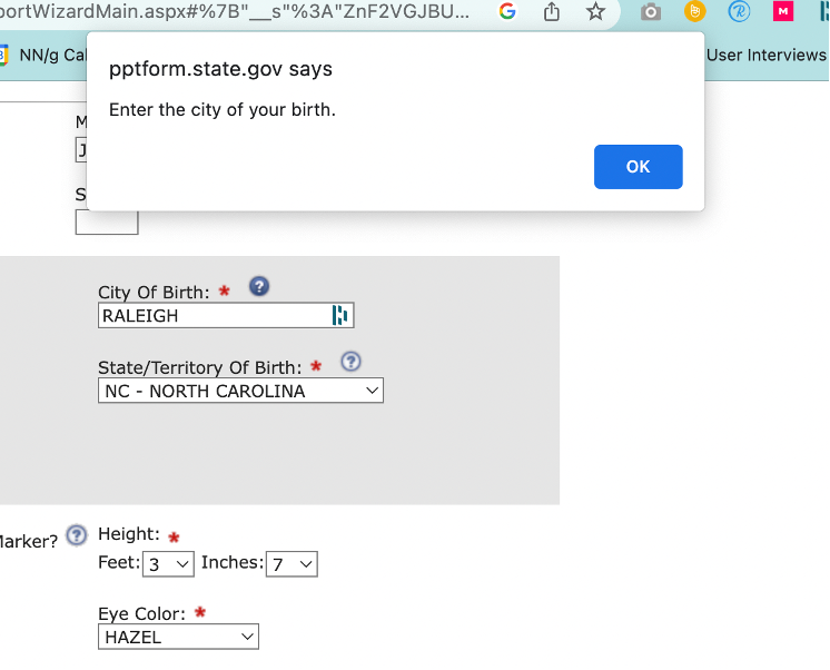 Info tip for "City of Birth" field says "Enter your city of birth."