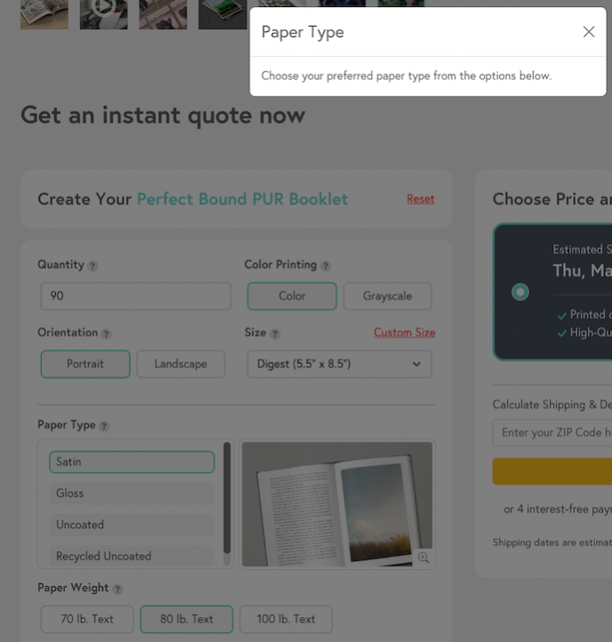 On a page for selecting printer settings including preferred paper type like "satin" or "glossy" the infotip says "Choose your preferred paper type from the options below."