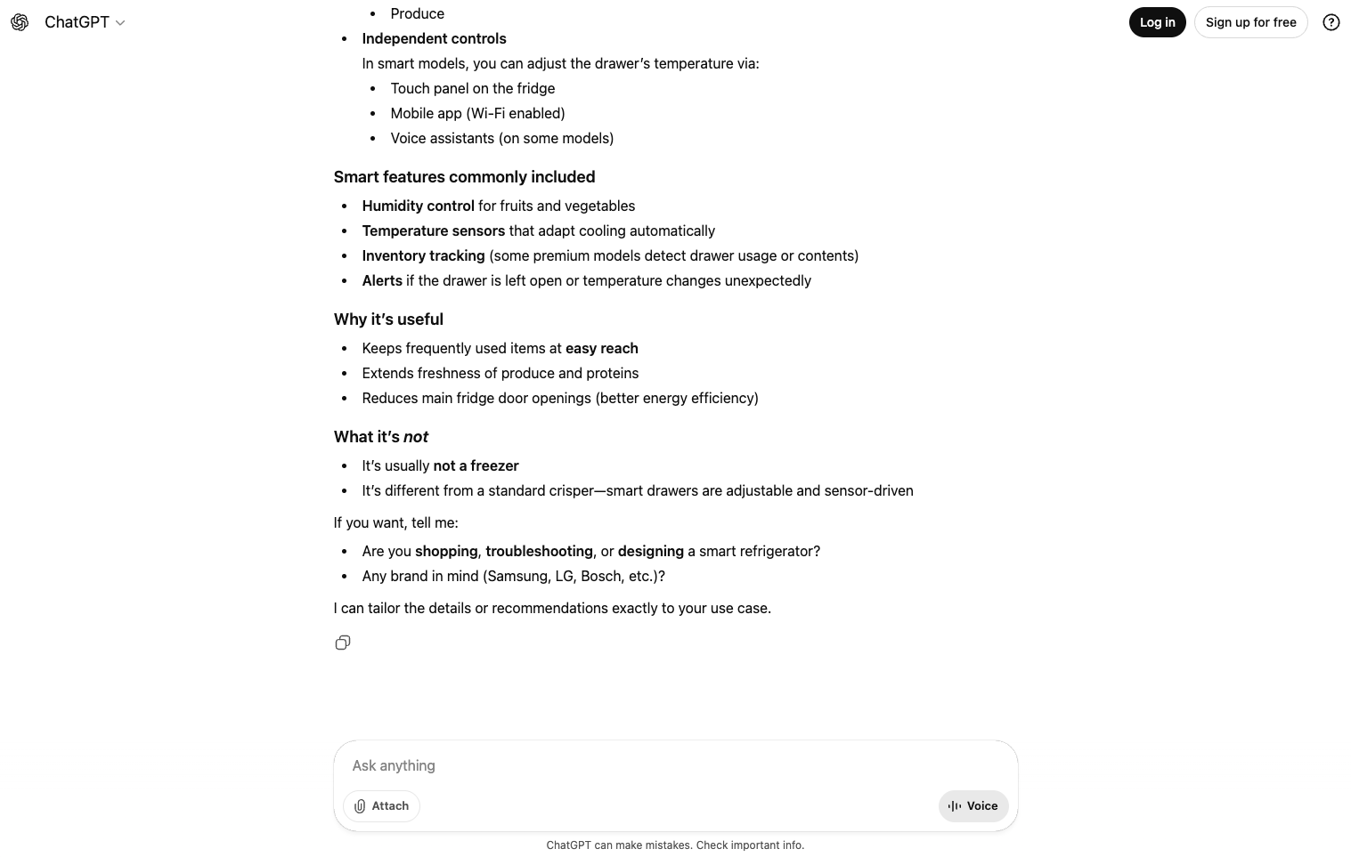 A ChatGPT output. It says, at the end, "If you want, tell me: Are you shopping, troubleshooting, or designing a smart refrigerator?" At the bottom there is a small disclaimer "ChatGPT can make mistakes. Check important info."