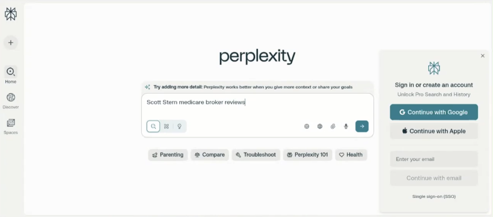 A Perplexity landing page with the pop up "Try adding more detail."