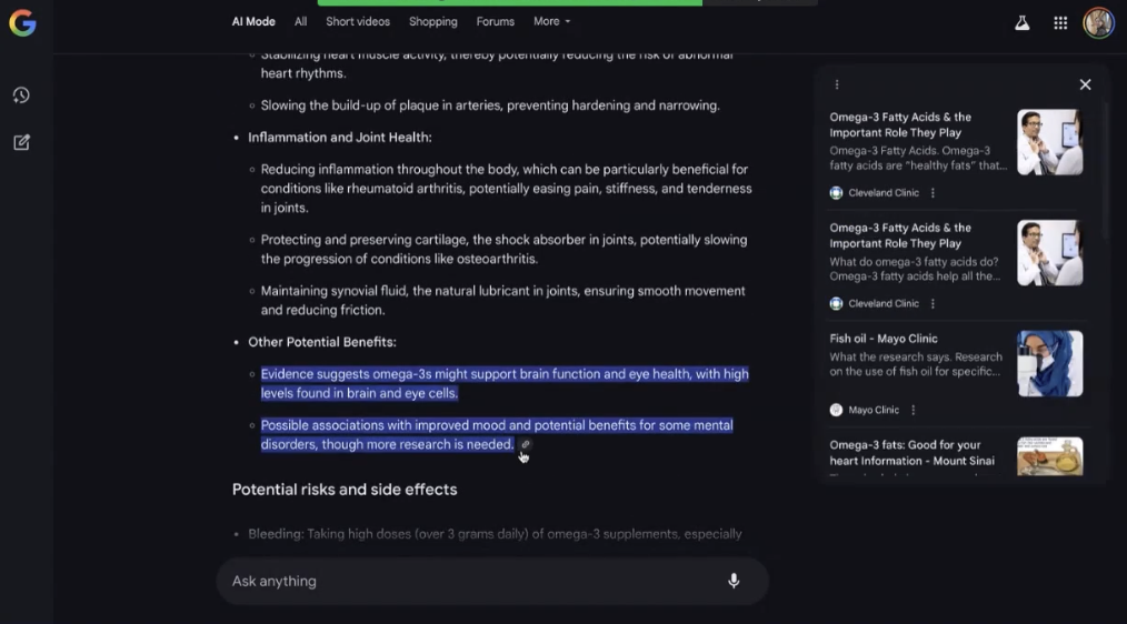 Google AI Mode is shown. After several sections of text, there is just one citation link. In the right rail, there is a list of websites and sources.