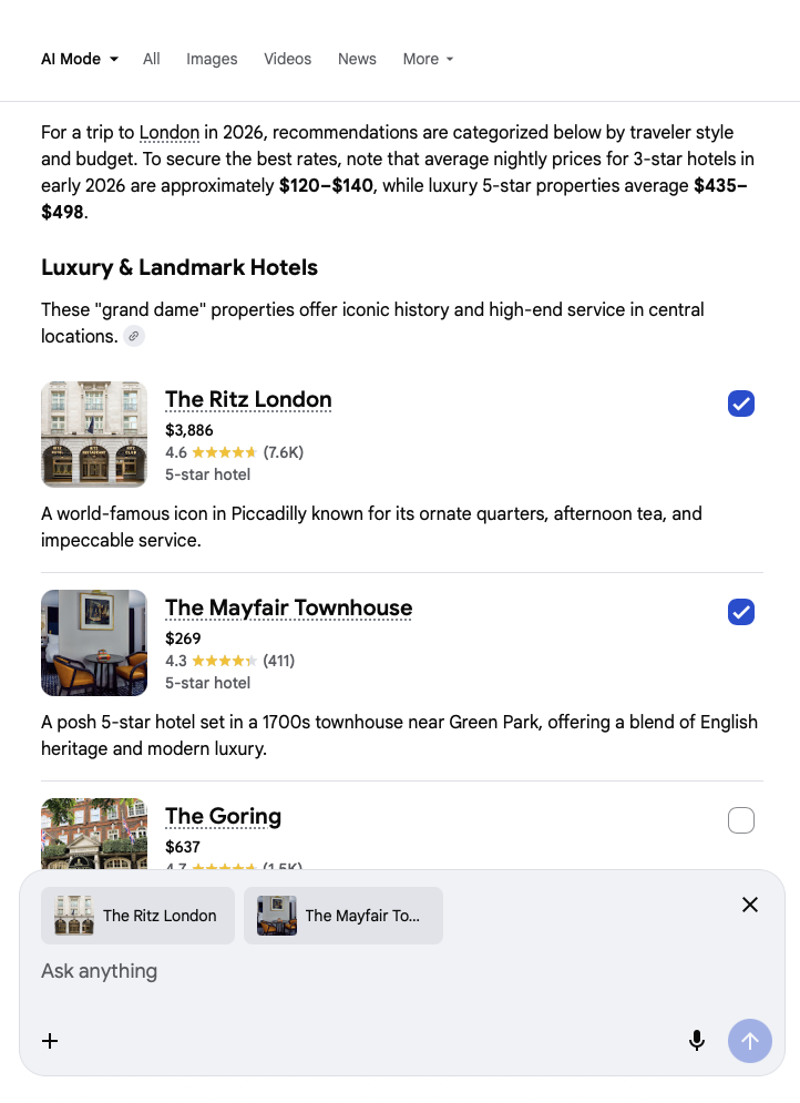 Captura de pantalla del modo IA de Google en un teléfono móvil, que muestra los resultados de los hoteles de Londres con casillas de verificación seleccionables. abajo 