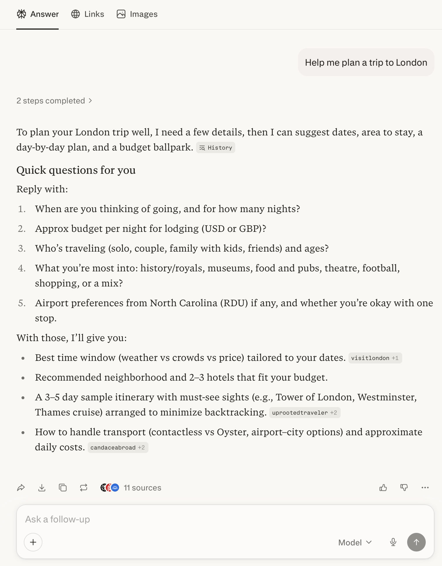 Captura de pantalla de una conversación de chat de Perplexity AI. Consejo de usuario: 