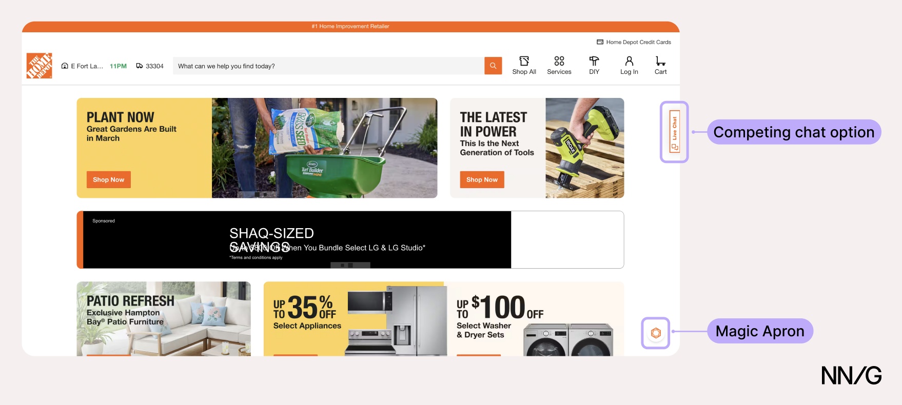 Home Depot homepage with labels pointing out a "Live Chat" tab on the right edge and a small hexagonal "Magic Apron" icon in the bottom-right corner.