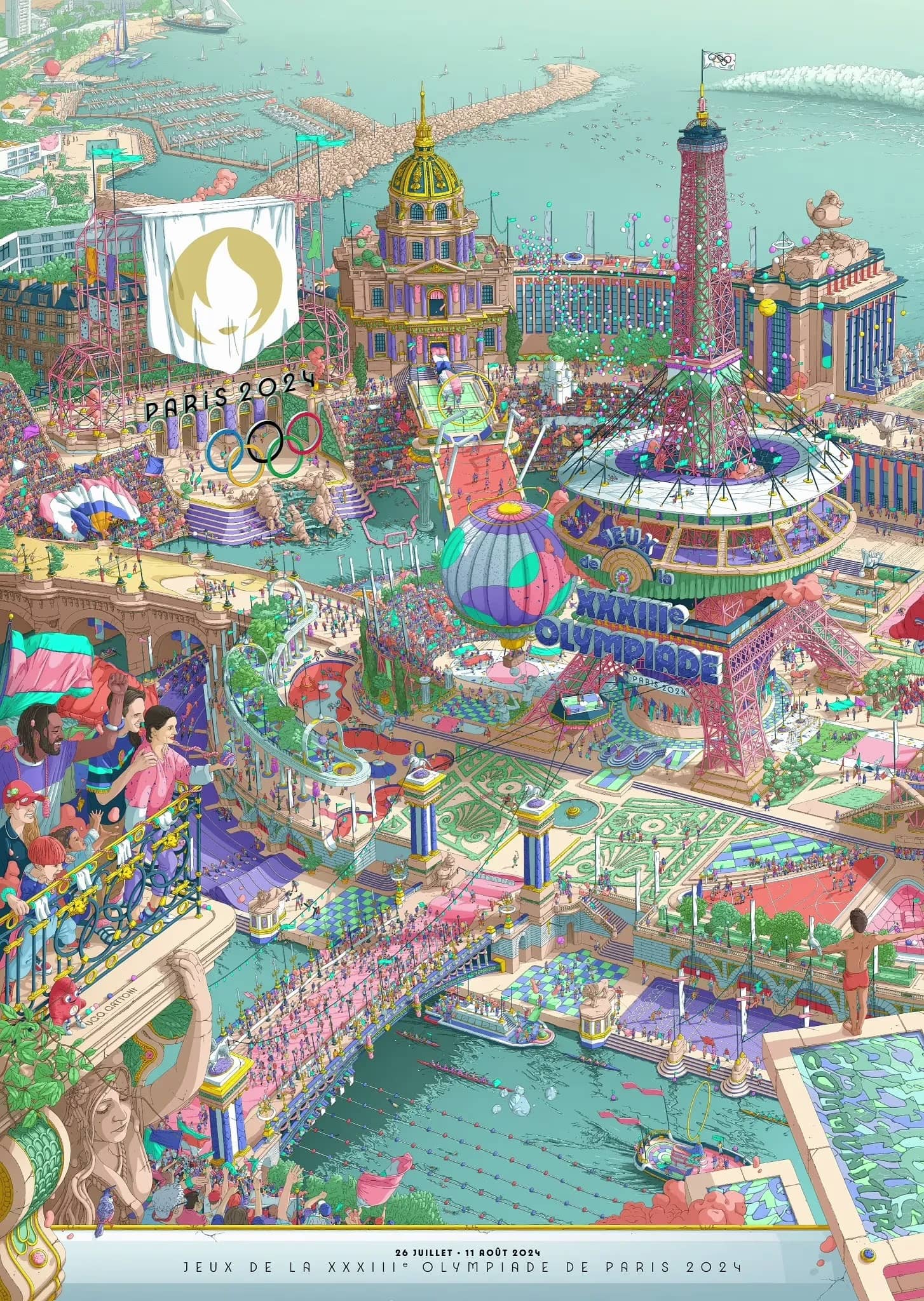 El cartel muestra una escena extremadamente detallada que celebra los Juegos Olímpicos de París frente a la Torre Eiffel.