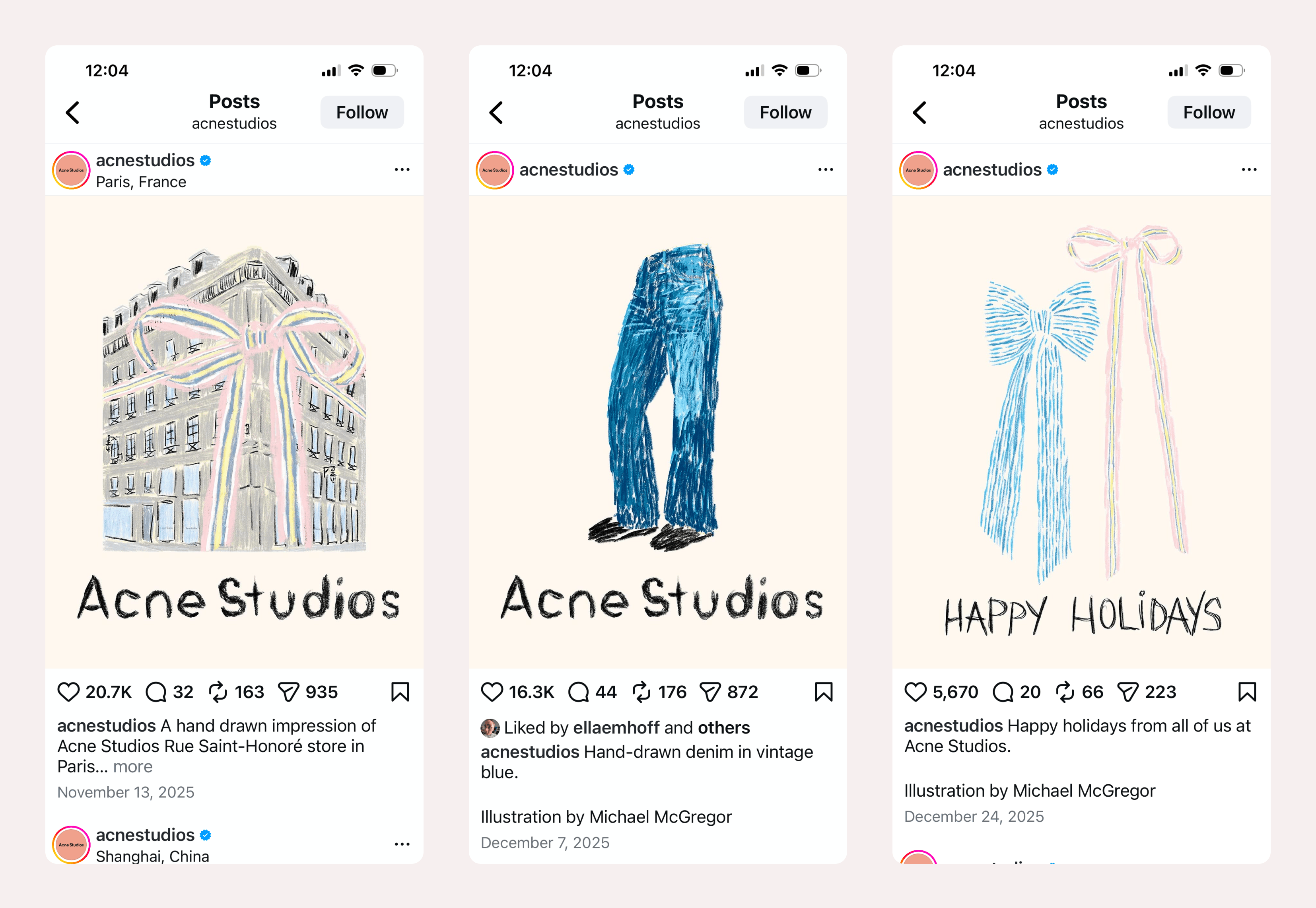 3 ejemplos de publicaciones de Acne en Instagram con ilustraciones aproximadas de la imagen de la marca.