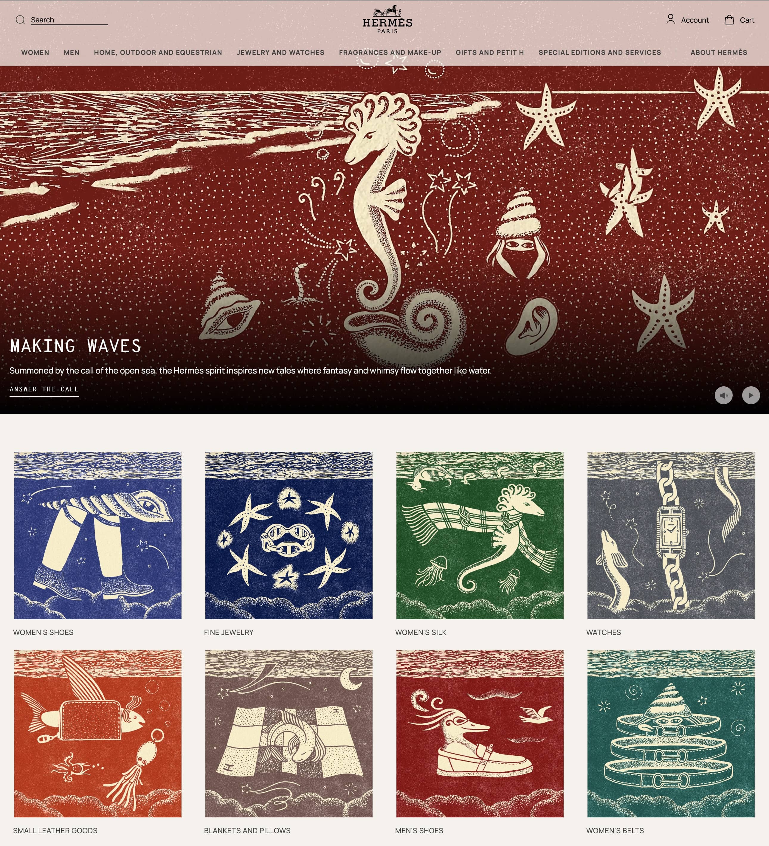 La página de inicio de Hermès presenta grandes imágenes heroicas de escenas náuticas en relieve en varios colores.