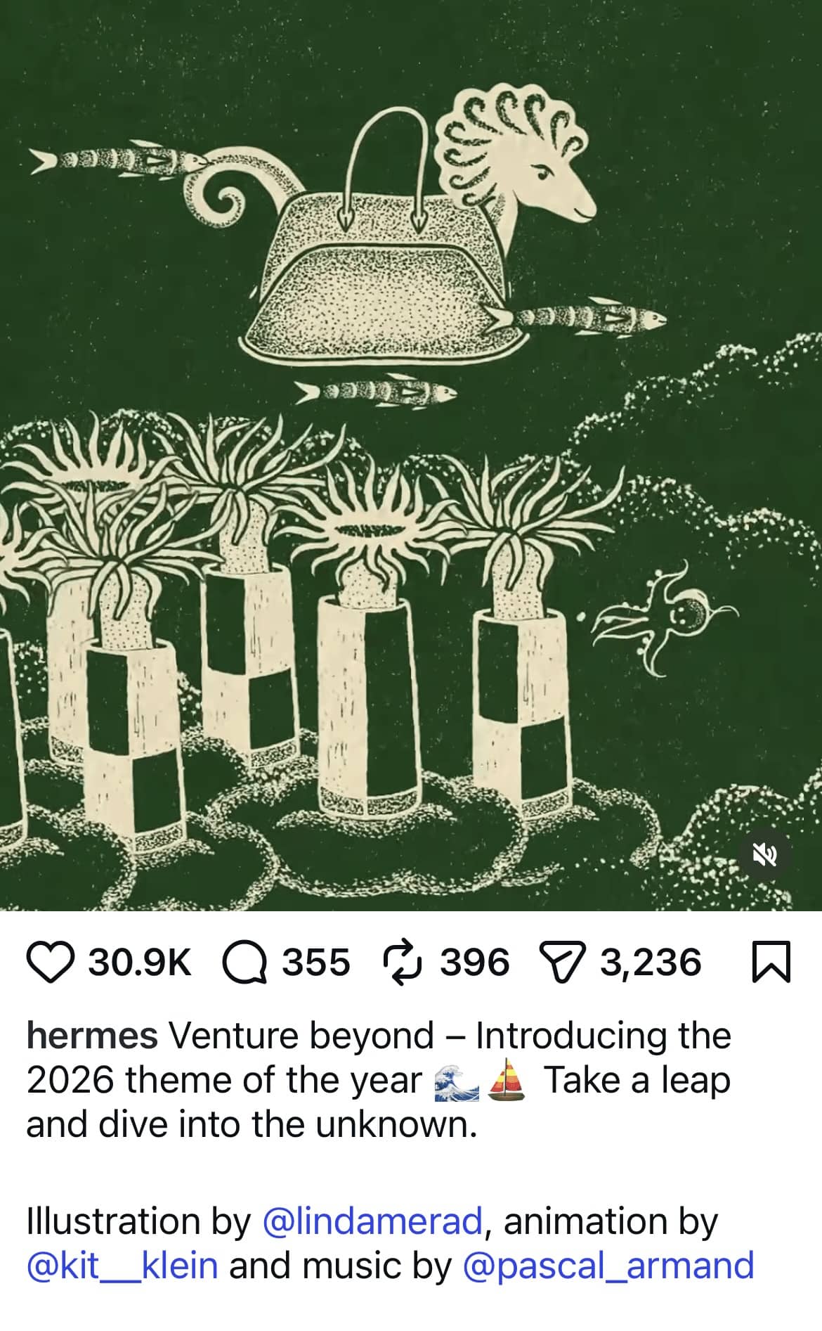 Animales en relieve en bolsos publicados en Instagram. El título nombra al ilustrador, animador y compositor.