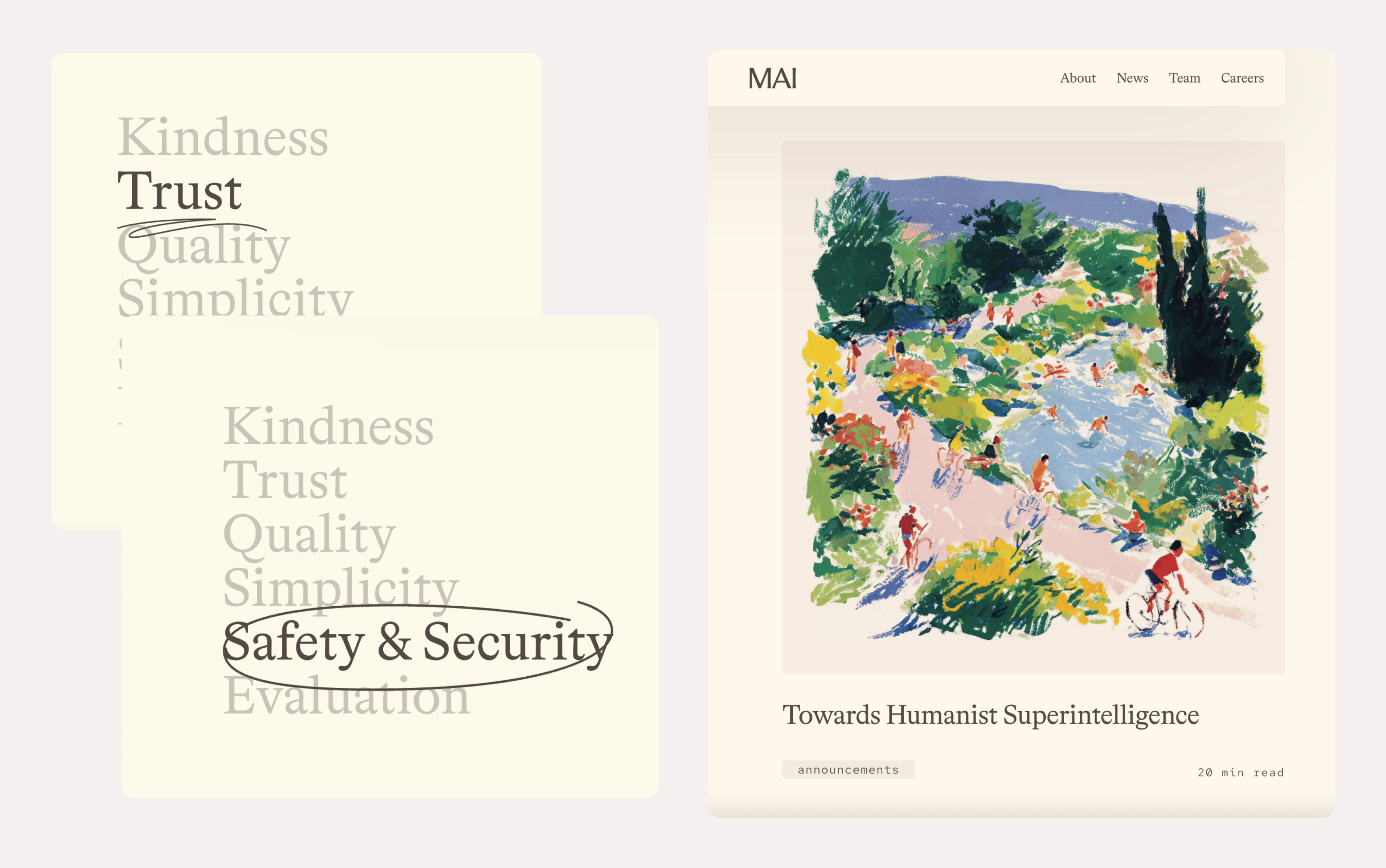 La página de inicio de Microsoft AI utiliza una escena de parque estilo gouache y círculos de estilo dibujados a mano como estados de desplazamiento.