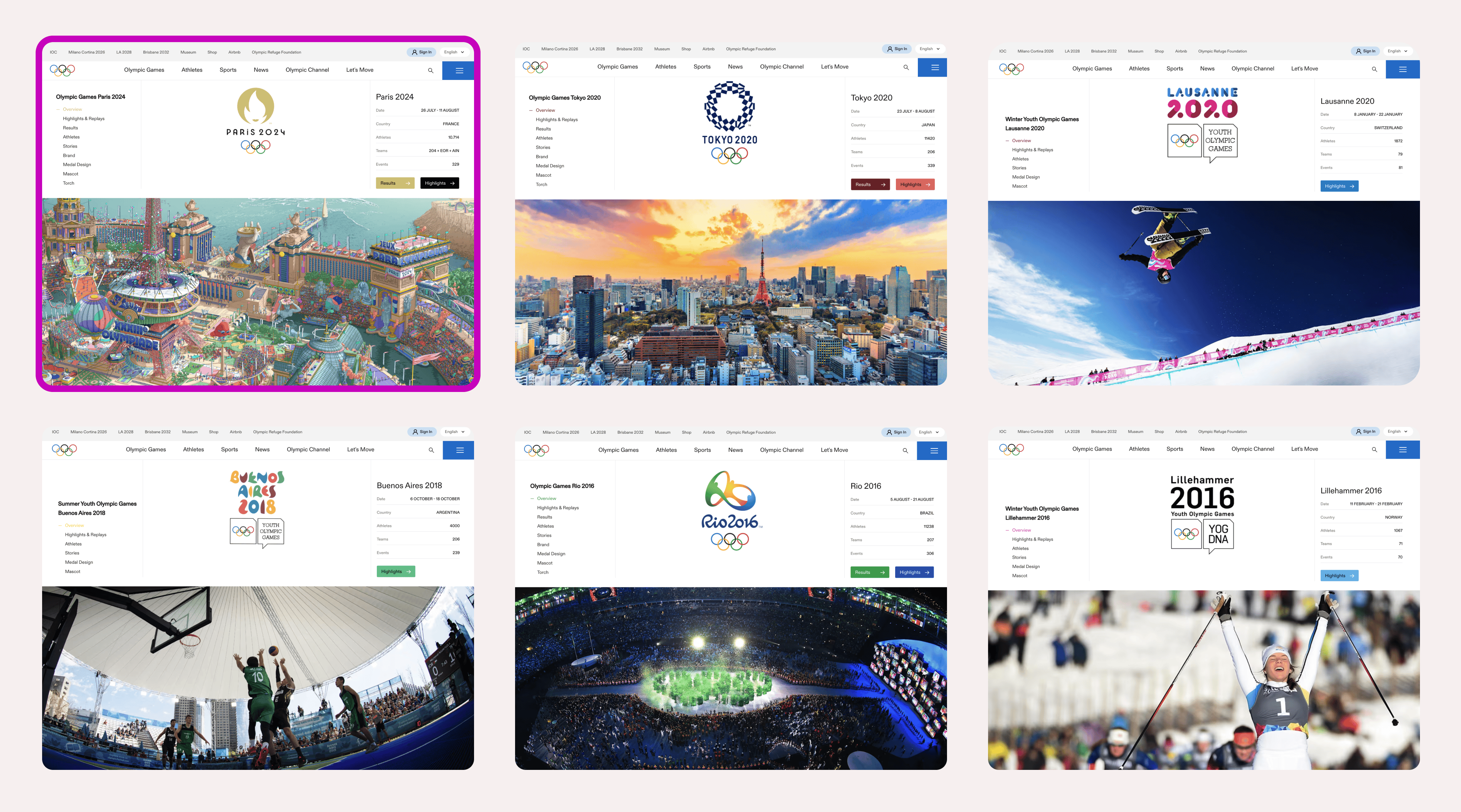 6 ejemplos de páginas de inicio de los últimos Juegos Olímpicos. París es el único donde las ilustraciones son protagonistas.