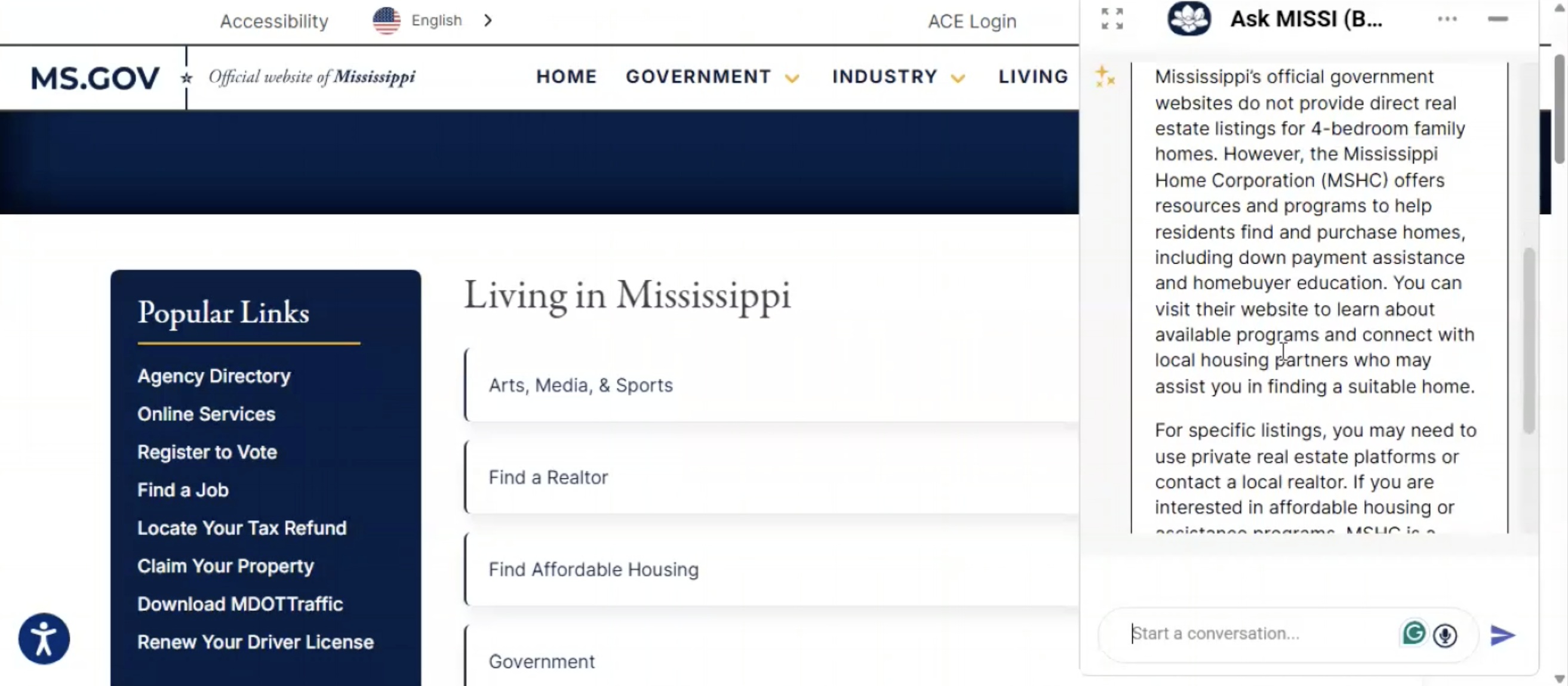 The chatbot for Mississippi's state government is replying to a participant's question about finding homes in Mississippi. It's response is long, contains wordy sentences that are not formatted, and that fill the entire chatbot screen..