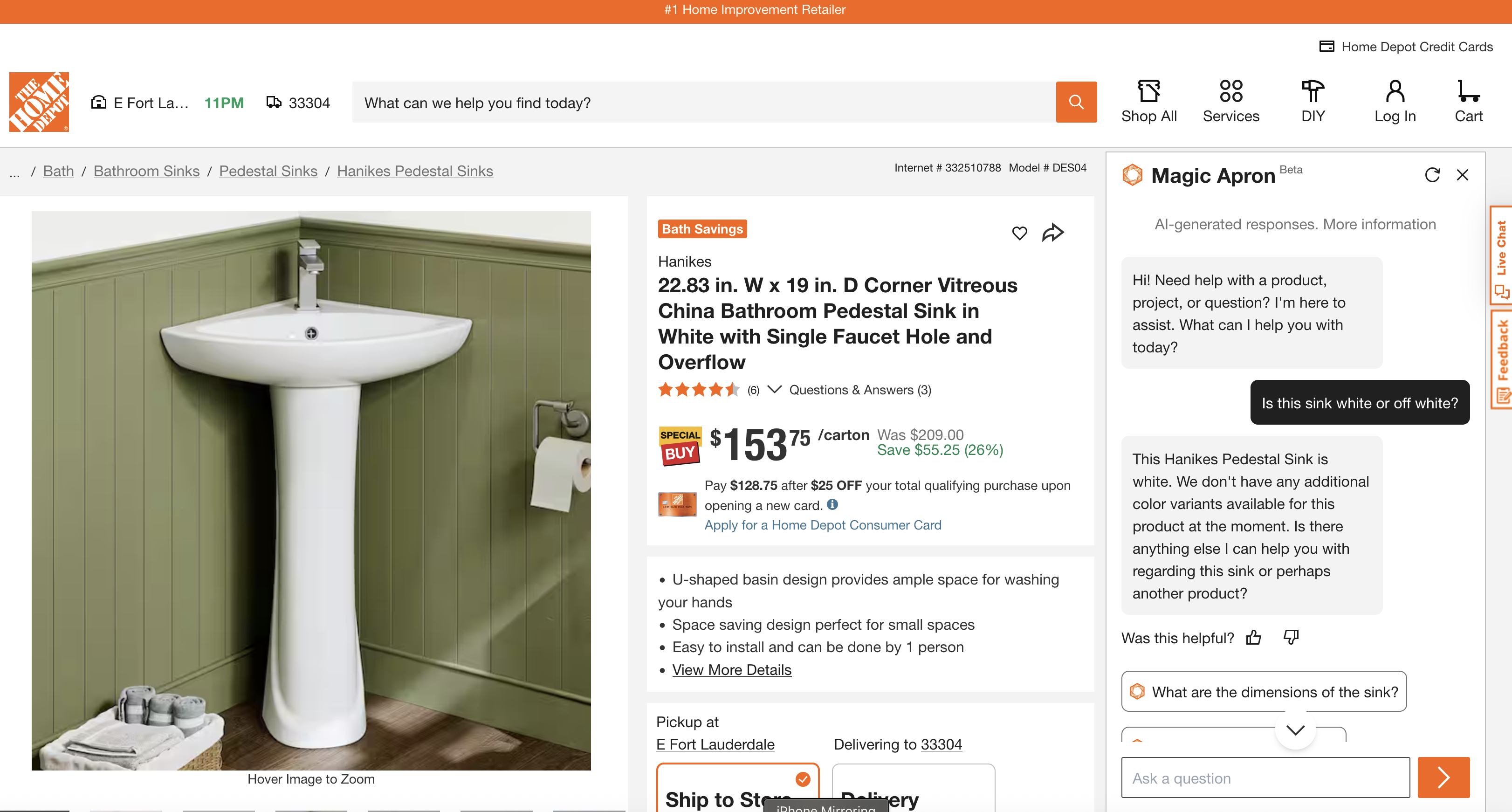 The user is on a product page for a white sink and has asked Magic Apron if the sink is white or off-white. Magic Apron names the specific product and tells the user it's white.