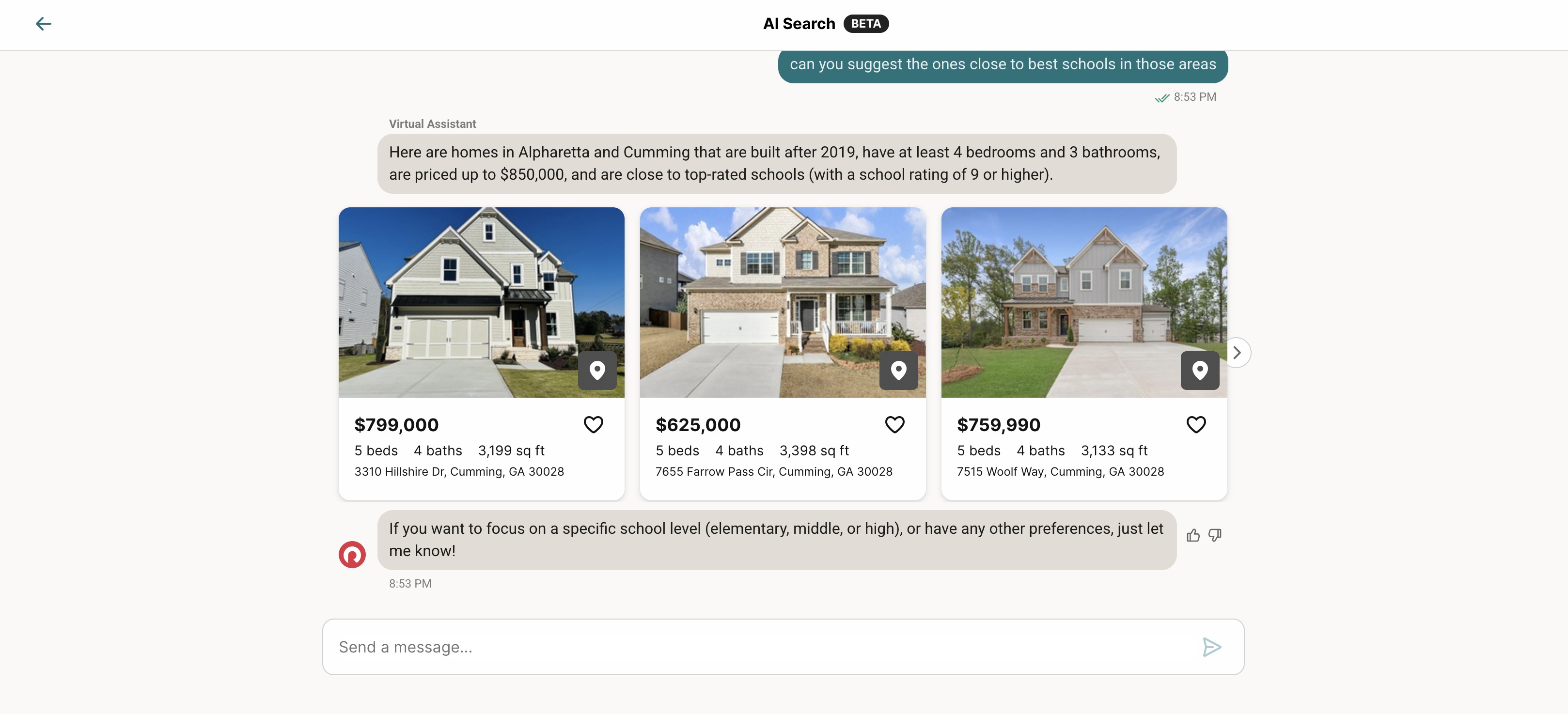 When a user asks Redfin's AI chatbot for houses near the best schools, Redfin's AI chatbot replies, "Here are homes close to top-rated schools (with a school rating of 9 or higher). Redfin then asks the user if they want to focus on a specific school level (elementary, middle, or high).