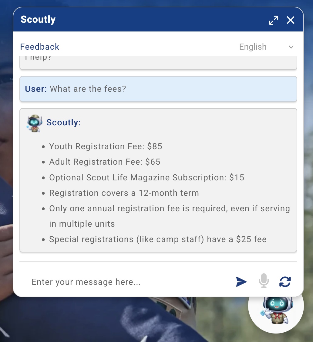 A user has asked the chatbot "What are the fees?" The chatbot responds: "Youth registration fee: $85; Adult registration fee: $65. It also mentions some additional short notes about the fee and some optional fees.