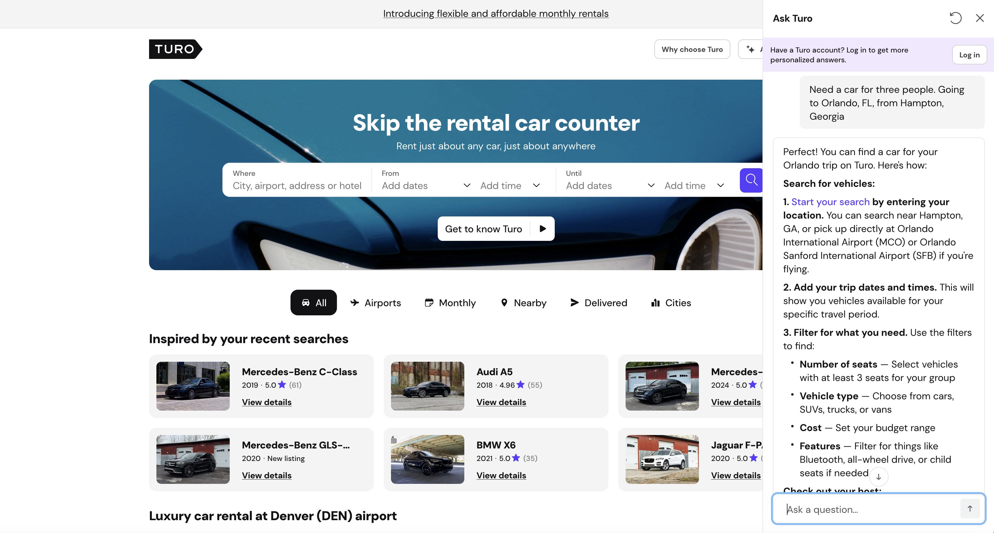 A user has asked for a car and Turo replies, "Perfect. You can find a car for your Orlando Trip on Turo. Here's how:" Next there's several paragraphs telling the user how to use the site to find a car.