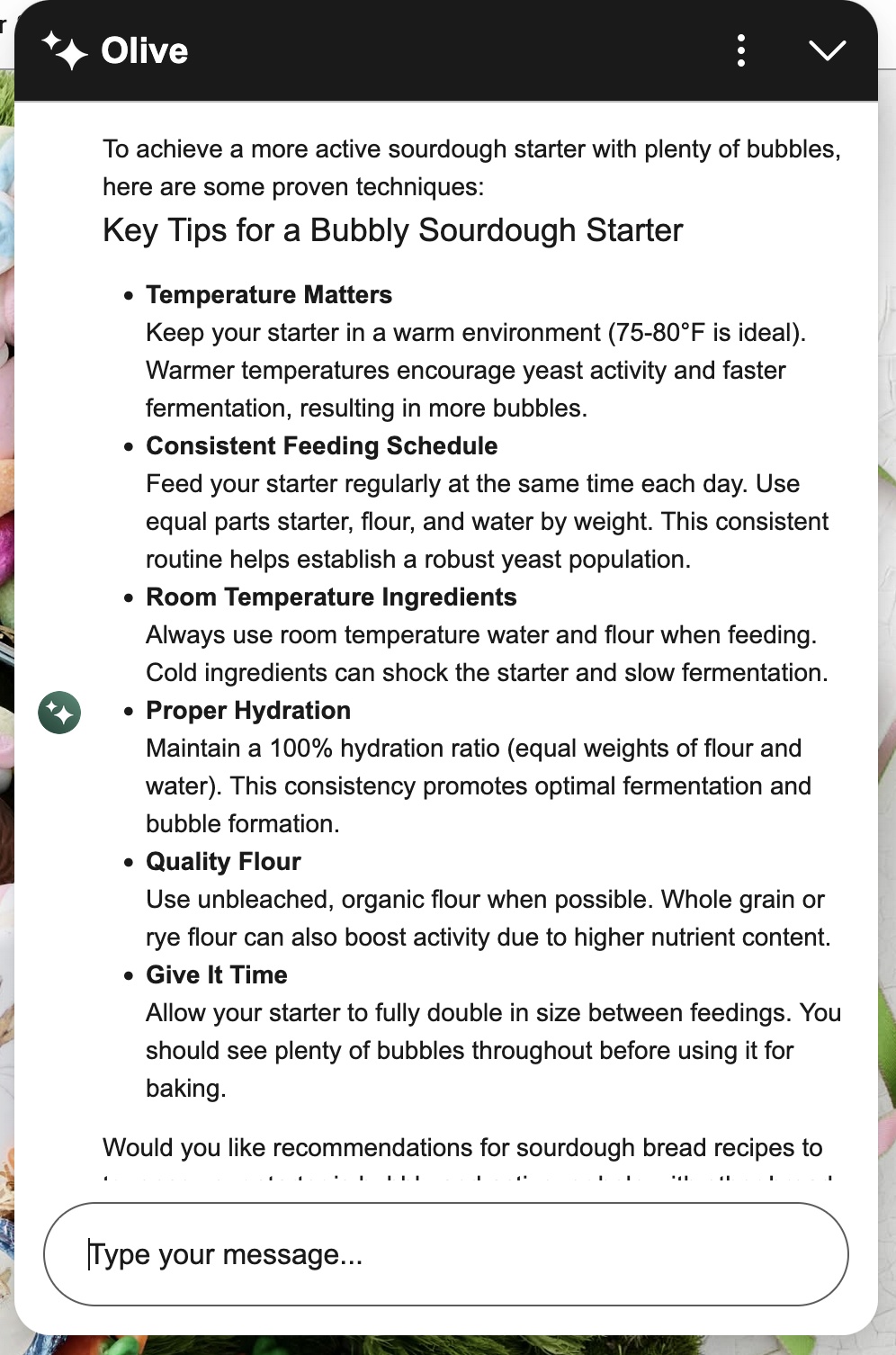 Williams Sonoma's chatbot replies with tips on how to make more bubbles in sourdough. It contains the heading "Key Tups for a Bubbly Sourdough Starter." Below are bulleted items with bold headings for each list item, like "Temperature Matters" and "Consistent Feeding Schedule."